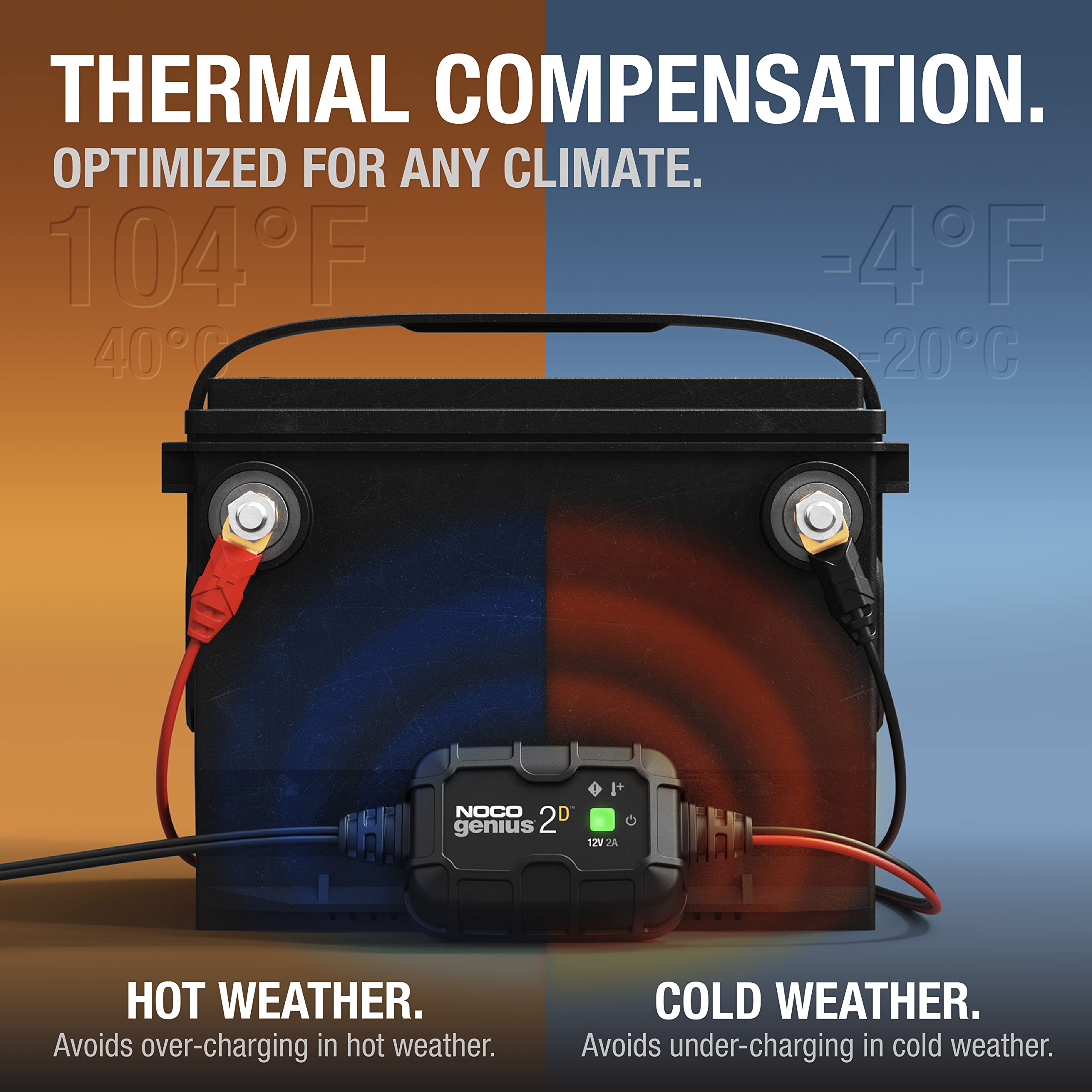 NOCO GENIUS2D label close-up showing model info and clear temperature-compensated charging benefit