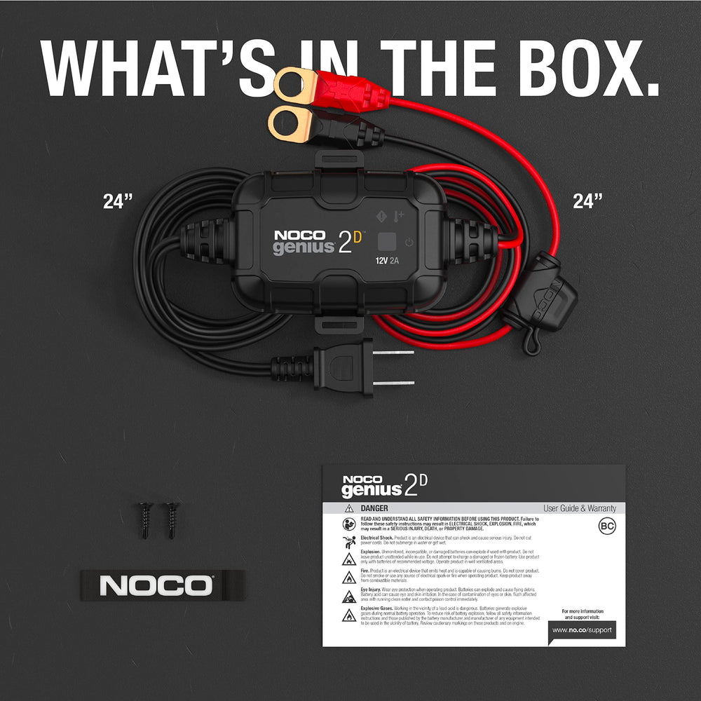 NOCO GENIUS2D in a garage setup showing vehicle maintenance convenience and always-ready batteries