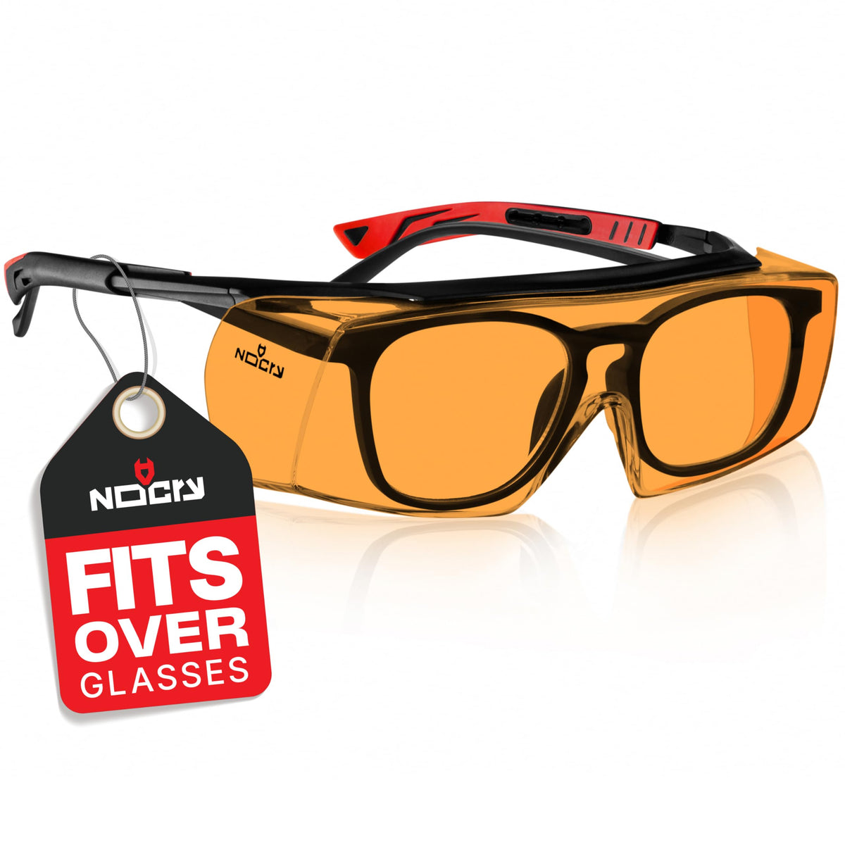 NoCry front view over prescription glasses showing secure overfit and coverage benefit