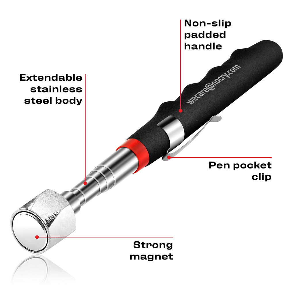 NoCry close-up of magnetic head demonstrating strong 25 lb pull and precise reach