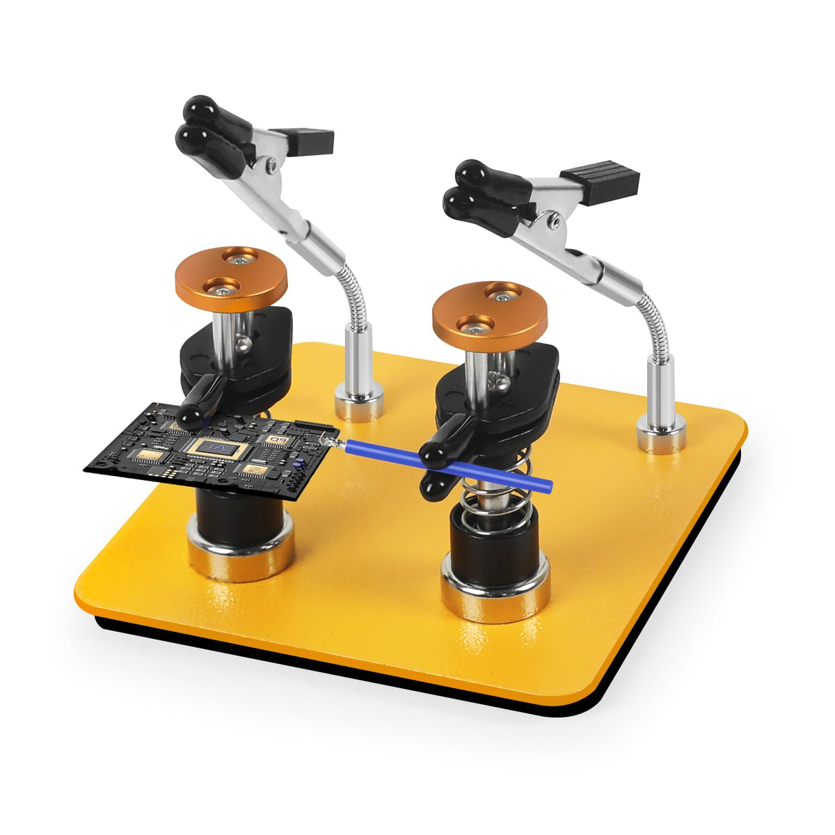 NOEVSBIG front view of small yellow-black clamp showing compact footprint and visibility