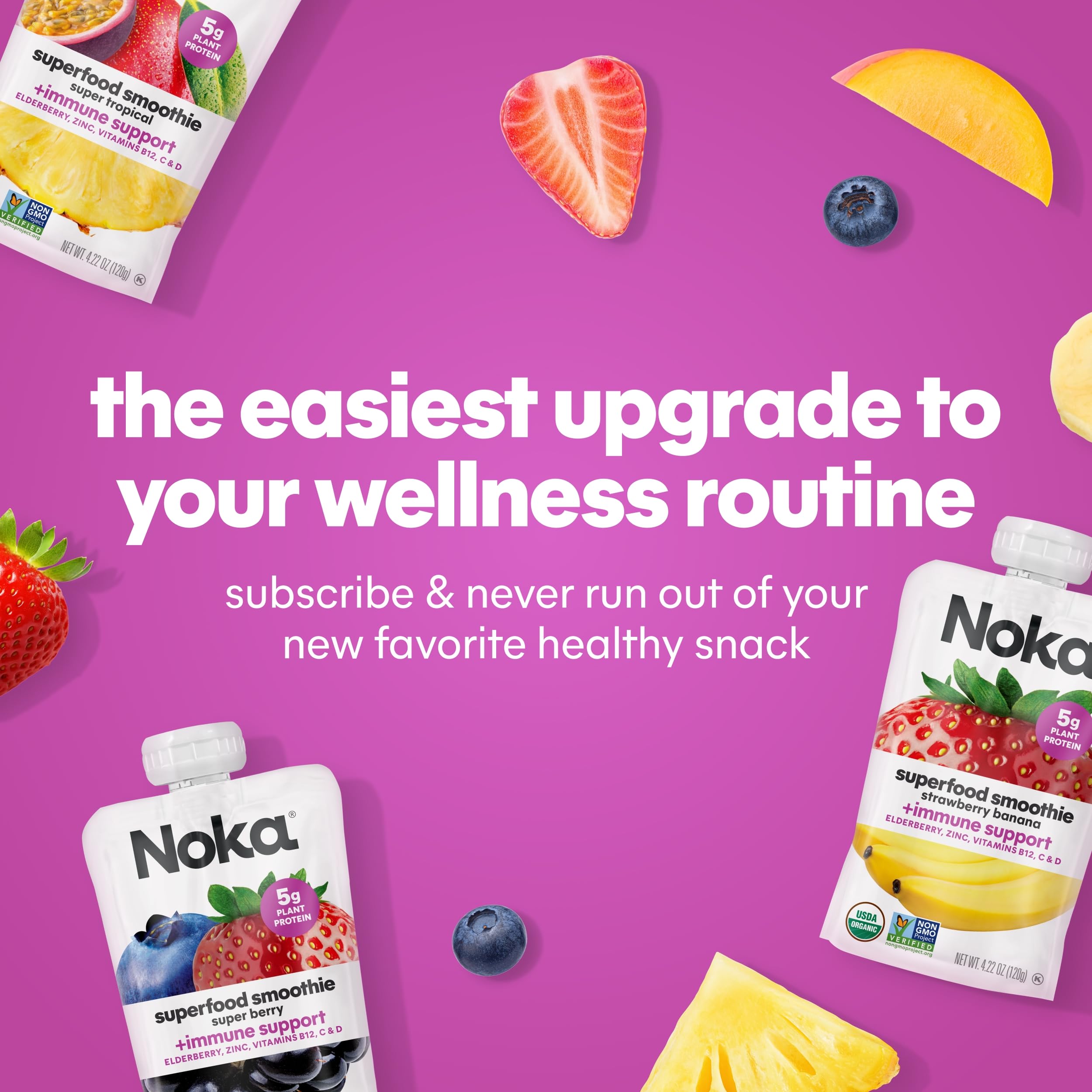 Fresh strawberries and bananas beside NOKA pouch showing organic ingredients and natural flavor