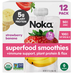 NOKA front-facing 12-pack displaying Strawberry Banana pouches and branding benefit convenience