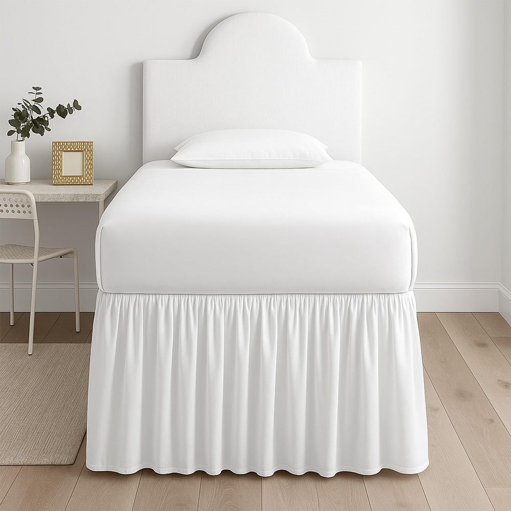 NON Sticky cotton front view bed skirt showing clean drape and tidy look