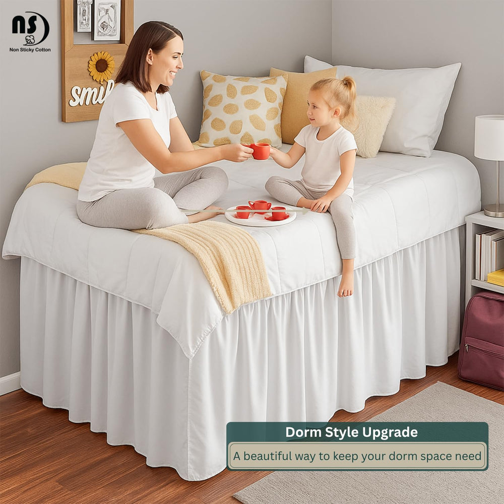 NON Sticky cotton side profile on Twin XL bed demonstrating full 32" drop