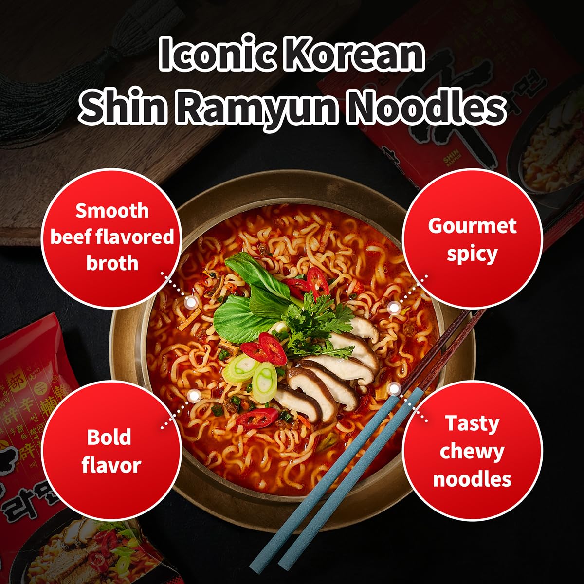 Nongshim Shin Ramyun rich beef-flavored broth close-up for savory depth