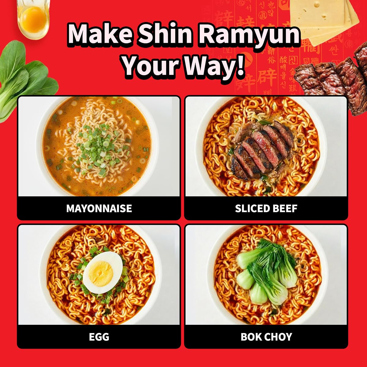 Nongshim Shin Ramyun served with egg and toppings for fuller meal