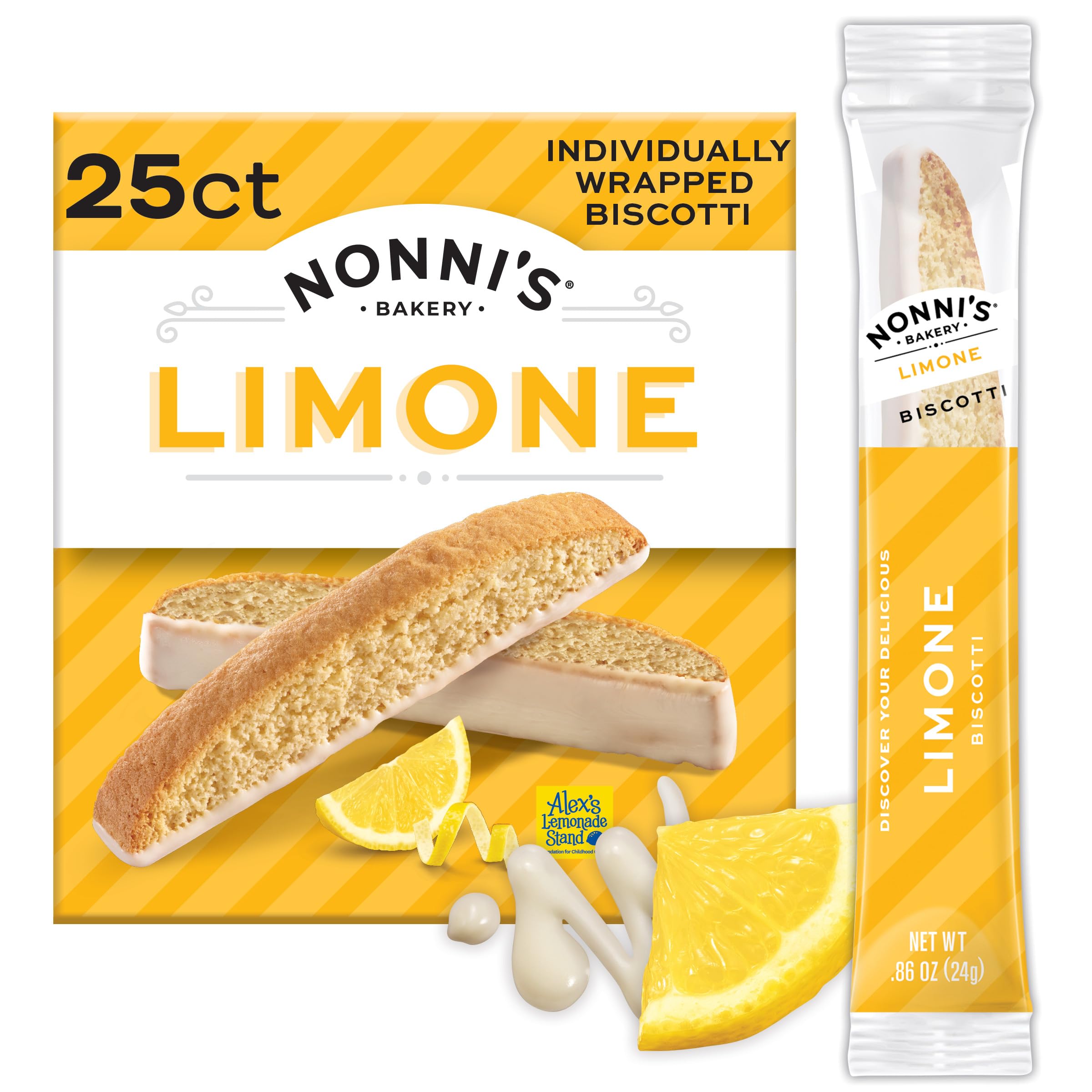 Nonni's front packaging showing 25-count lemon biscotti for easy identification
