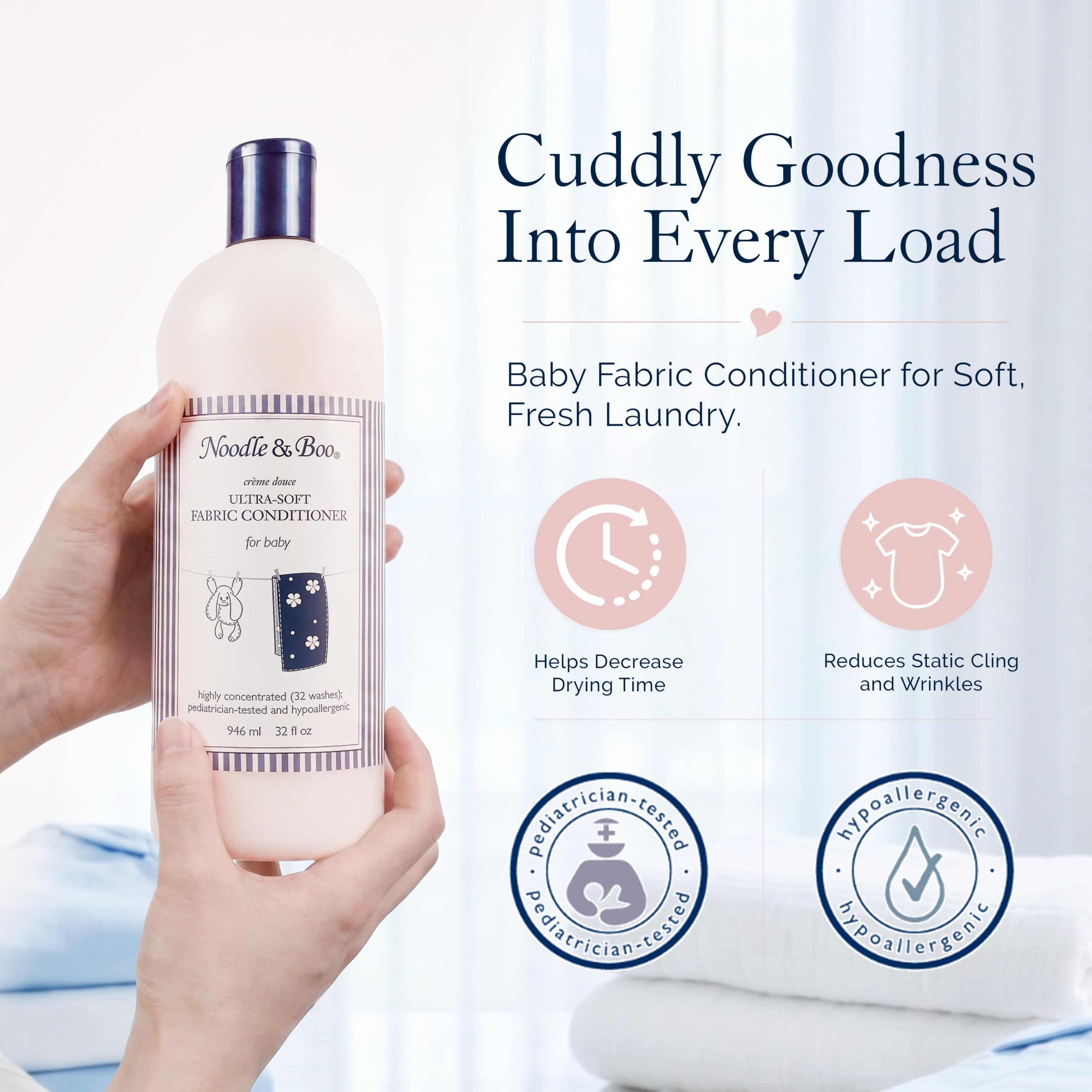 Noodle & Boo label detail highlighting hypoallergenic and pediatric-tested claims