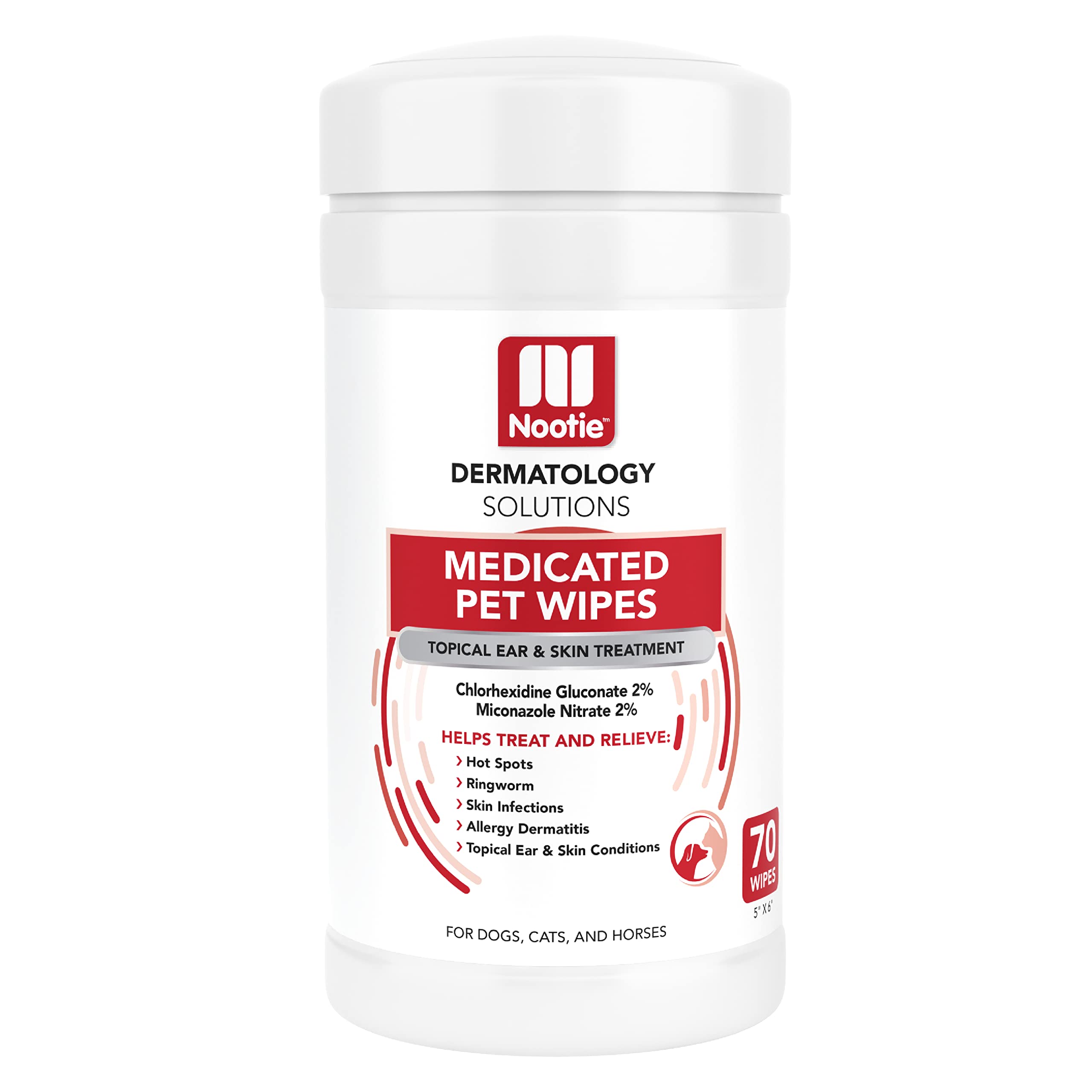 Nootie front packaging tub showing 70-count XL medicated wipes and benefits