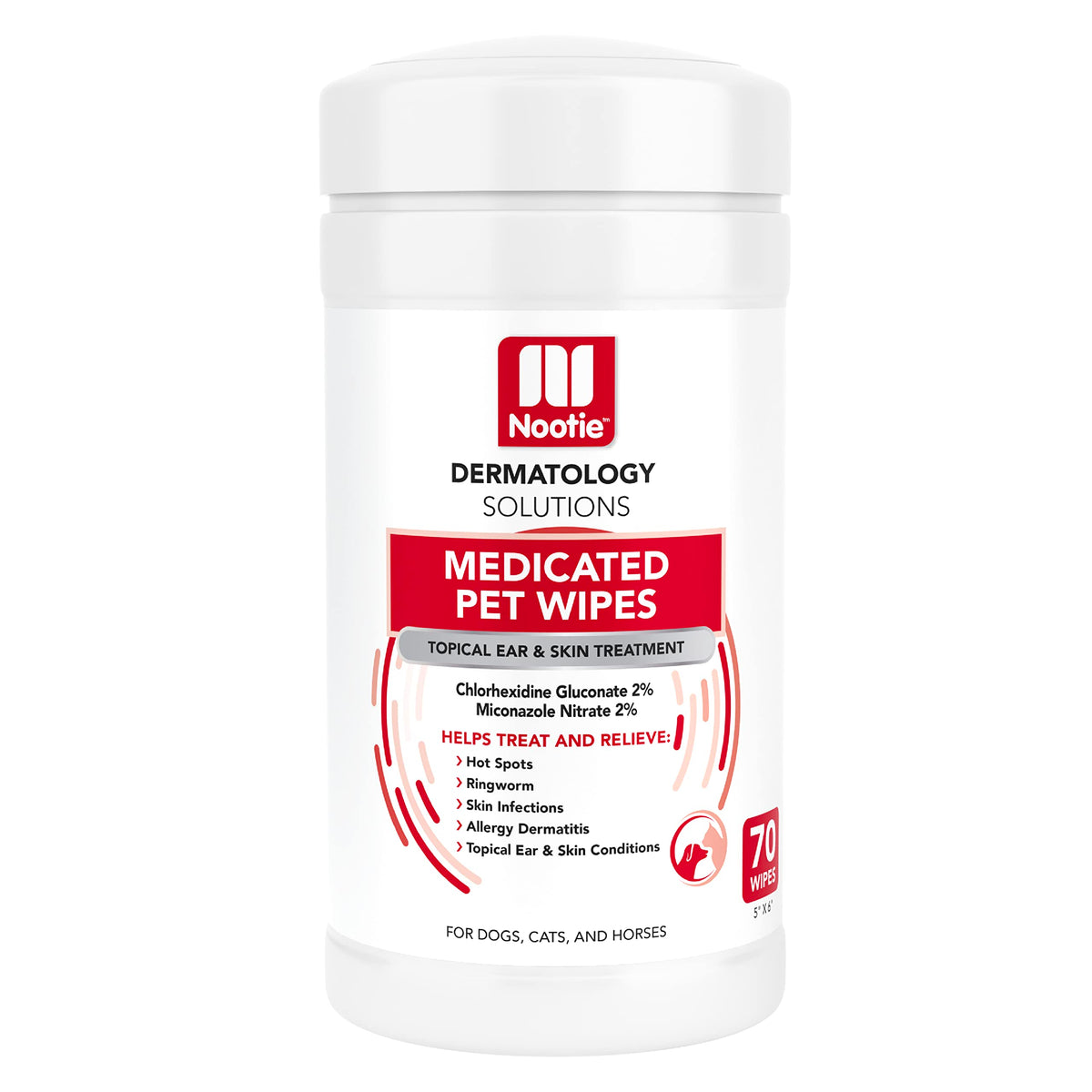 Nootie front packaging tub showing 70-count XL medicated wipes and benefits