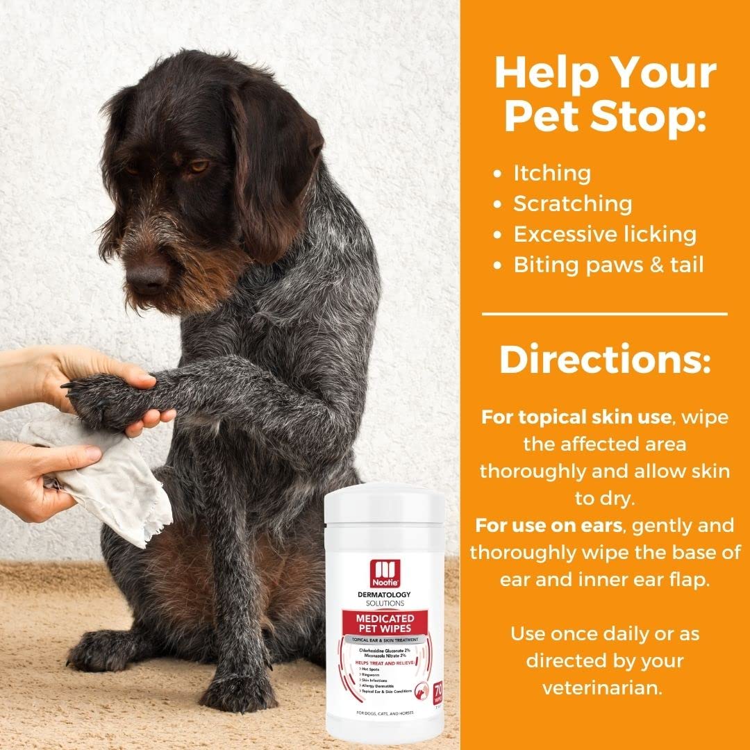 Nootie wipe applied to a dog paw hotspot for targeted surface care