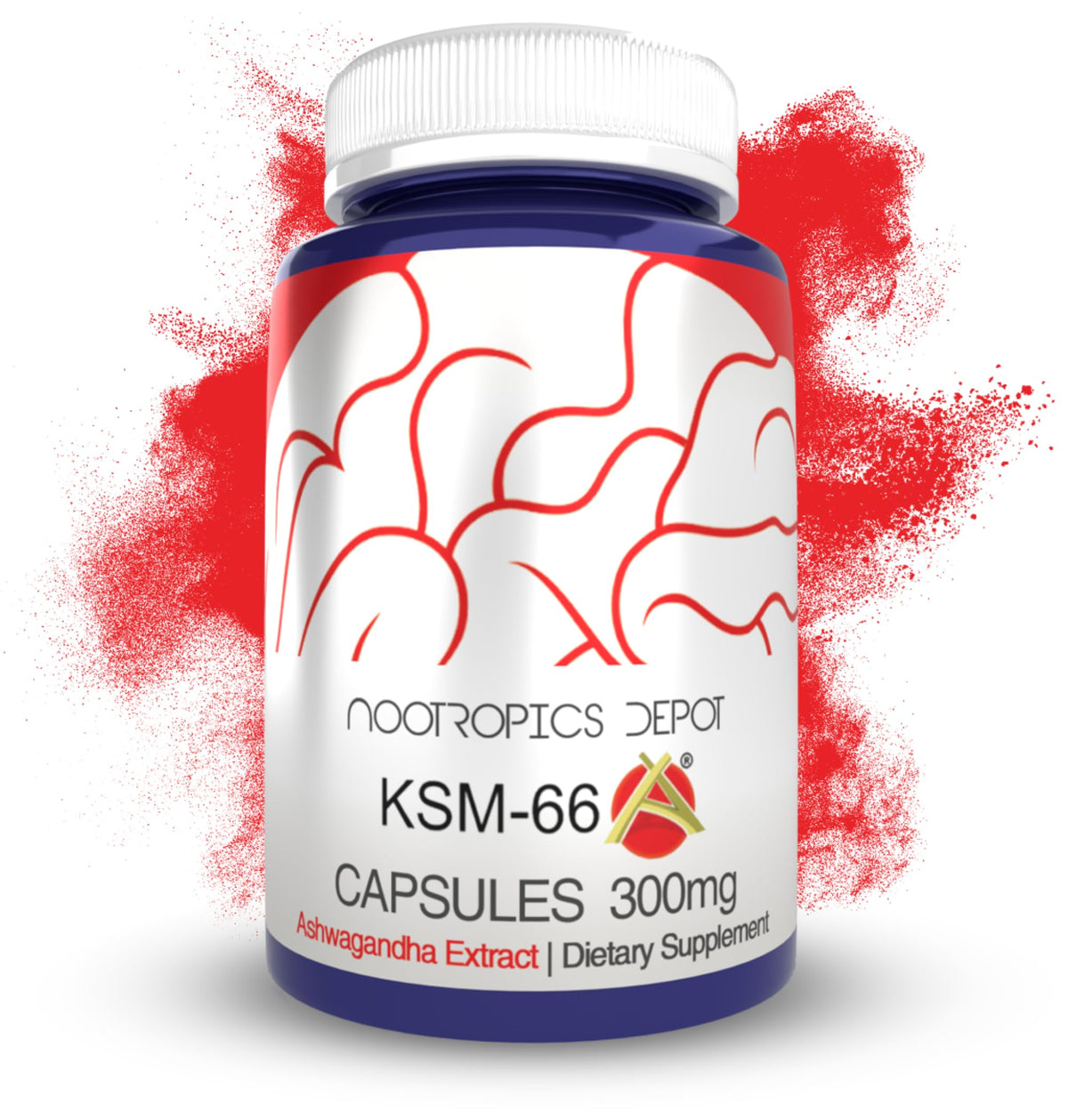 Nootropics Depot bottle front showing KSM-66 ashwagandha packaging and clarity