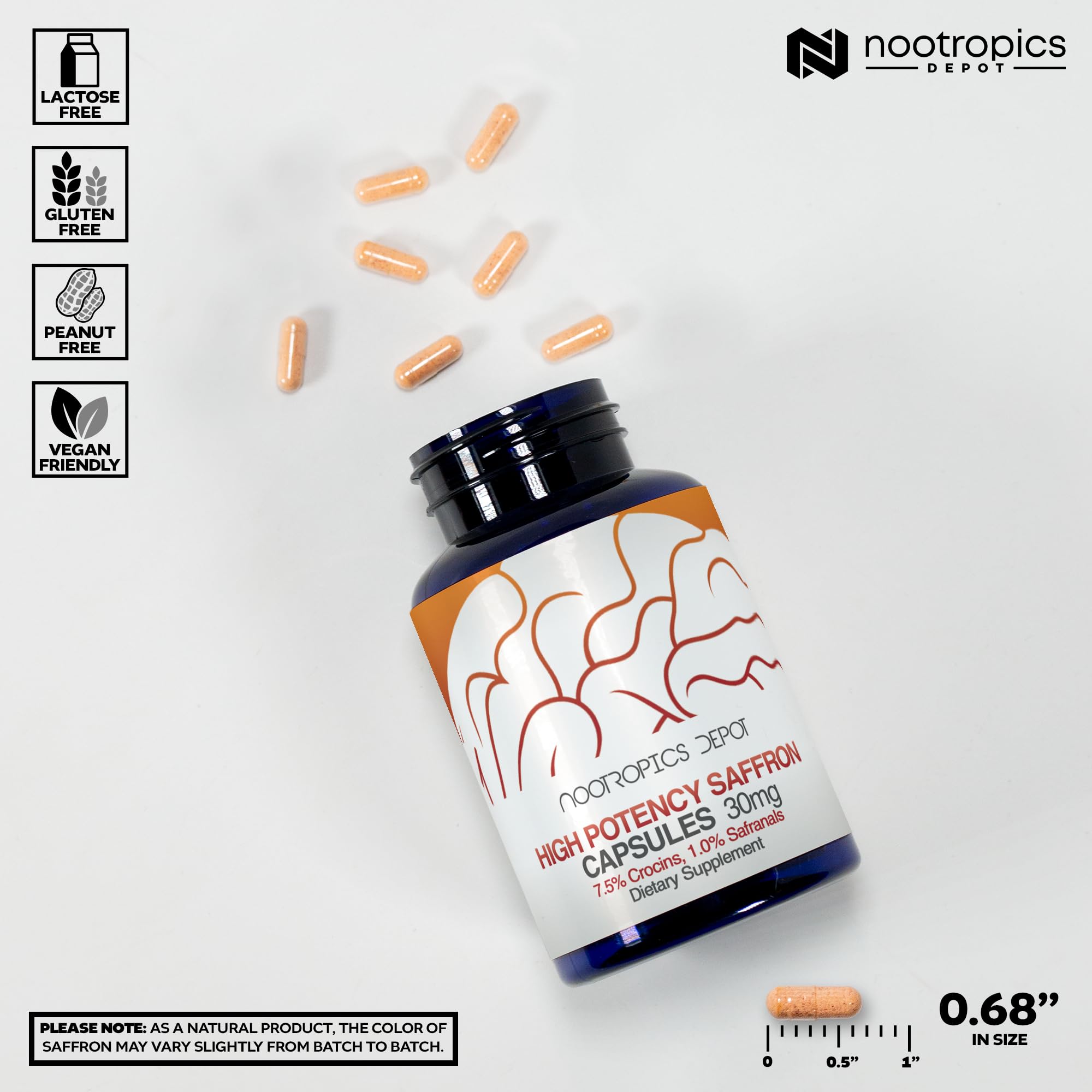 Close-up of a single Nootropics Depot saffron capsule highlighting texture and purity