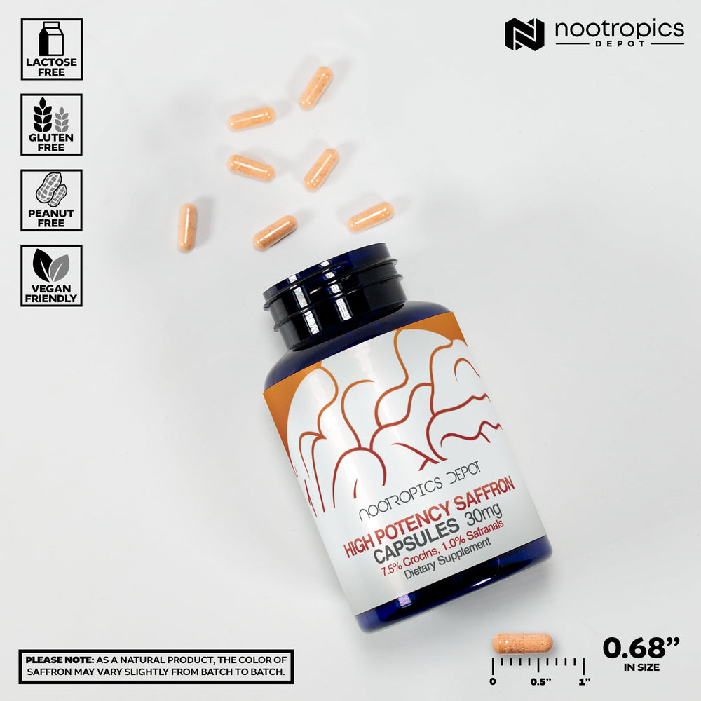 Close-up of a single Nootropics Depot saffron capsule highlighting texture and purity