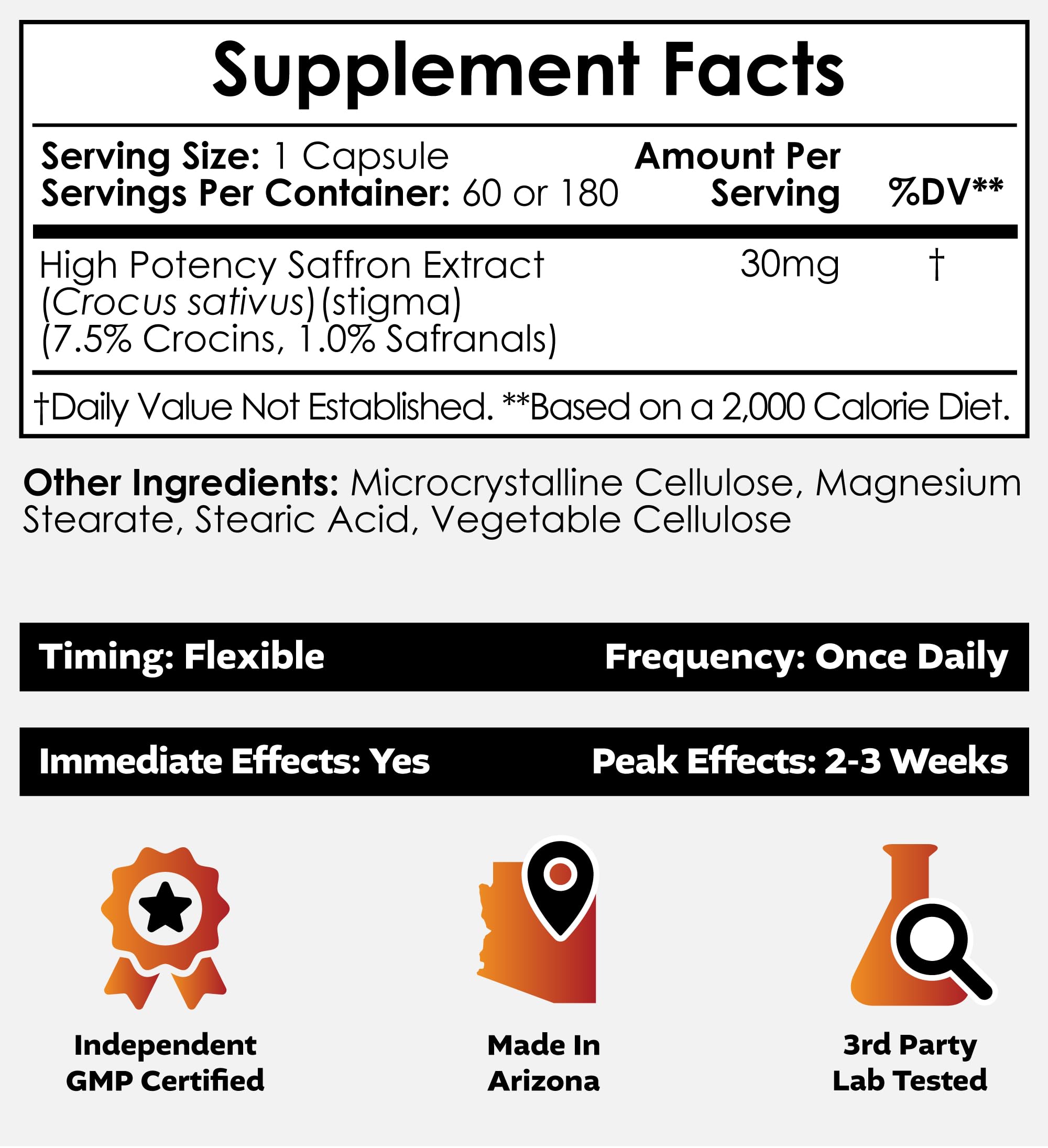 Nootropics Depot open bottle with 30mg saffron capsules visible and convenient dosing