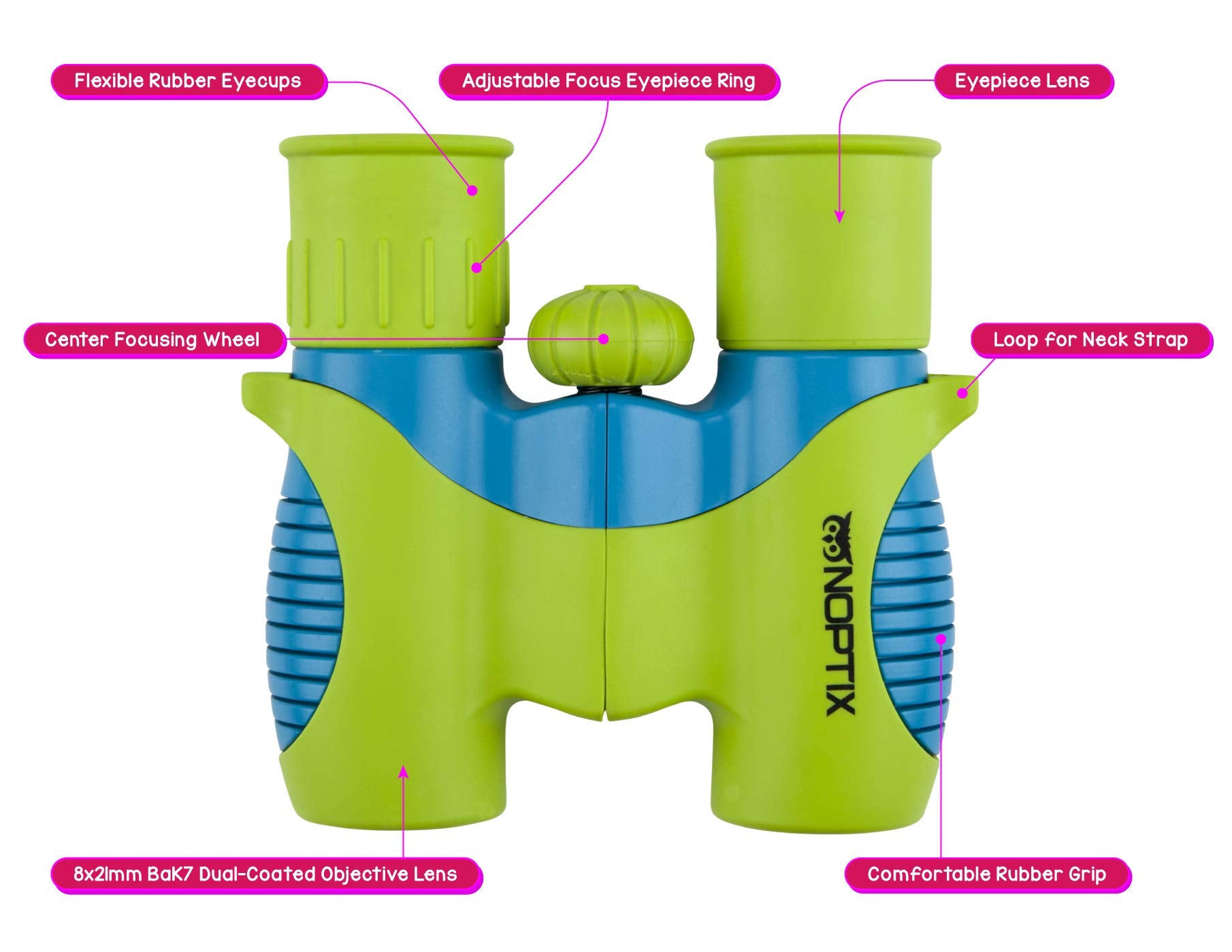 Noptix binoculars worn on neck strap for quick access during outings