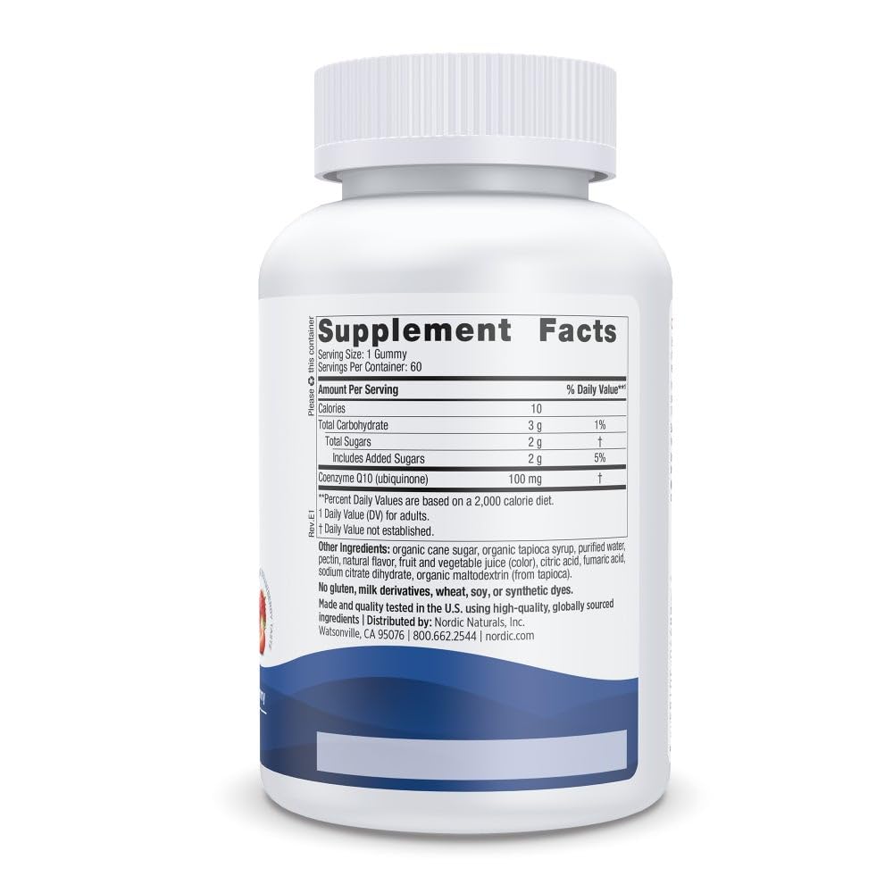 Nordic Naturals open bottle displaying strawberry CoQ10 gummies for convenience