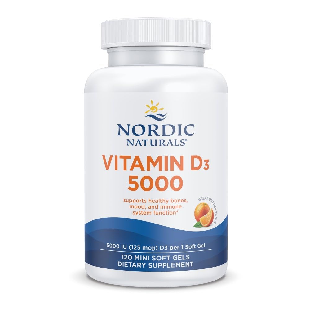 Nordic Naturals front bottle view showing orange-flavored D3 5000 IU