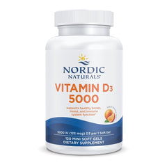 Nordic Naturals front bottle view showing orange-flavored D3 5000 IU