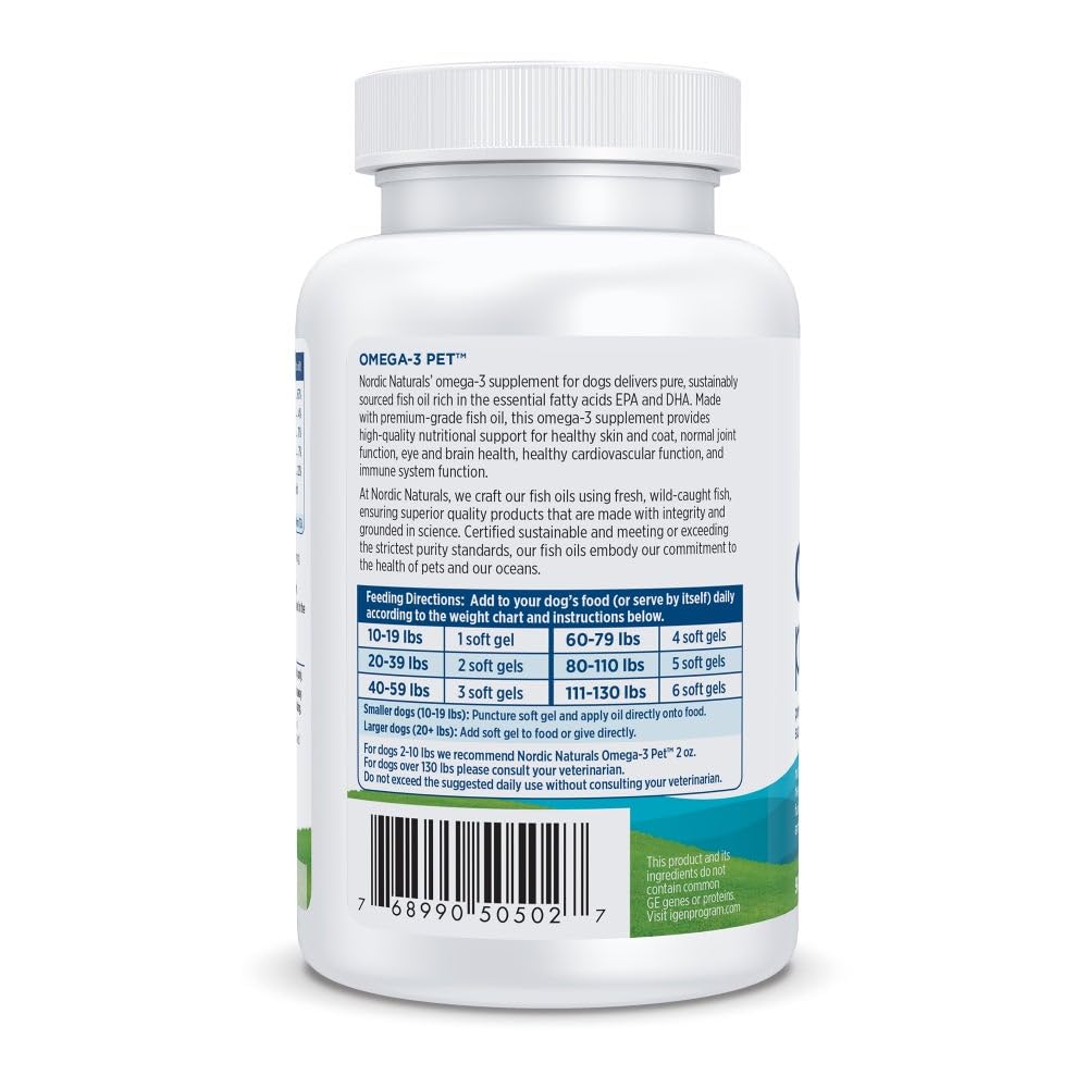 Nordic Naturals soft gel beside dog food illustrating simple serving options