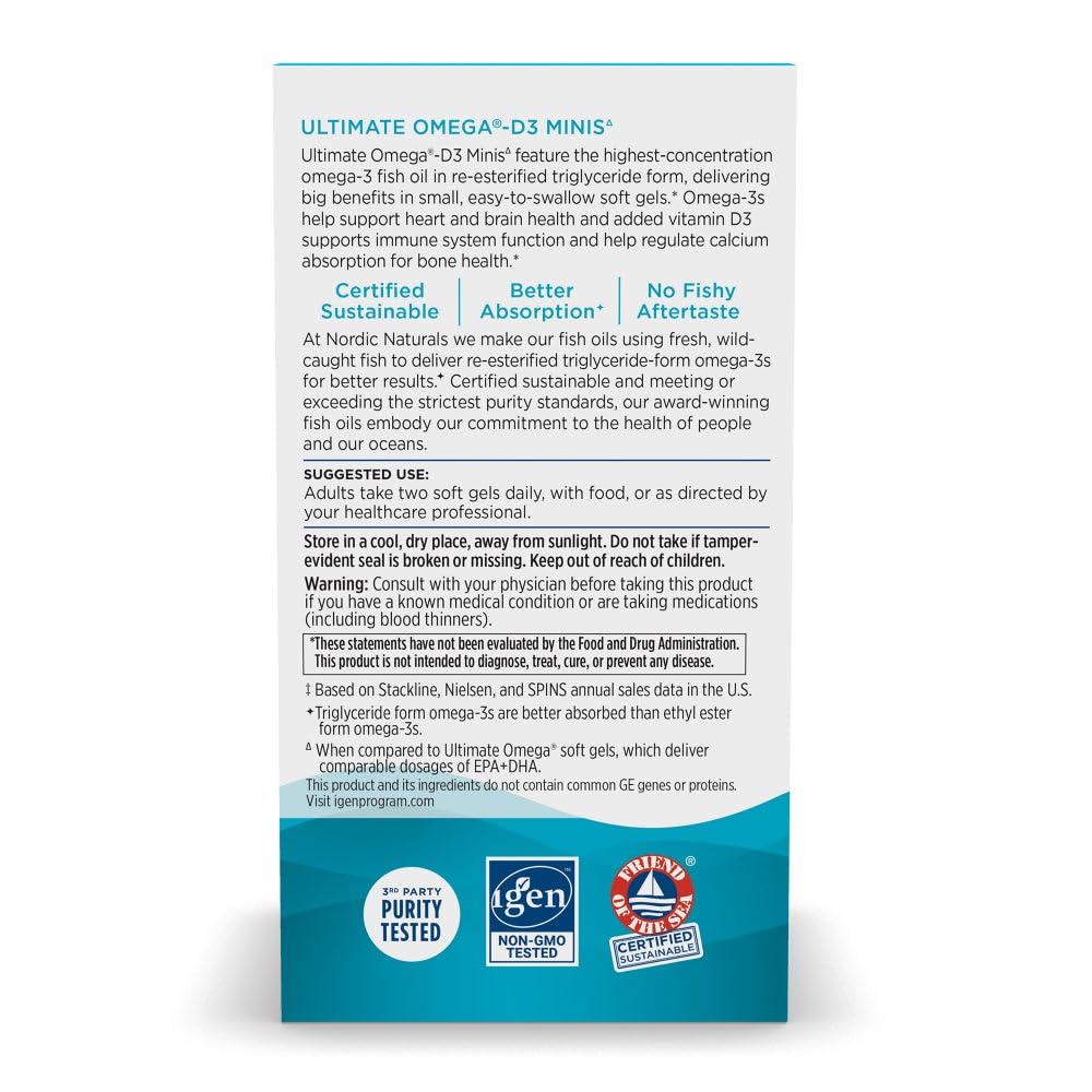 Hand holding Nordic Naturals softgels demonstrating small size and convenient dosing