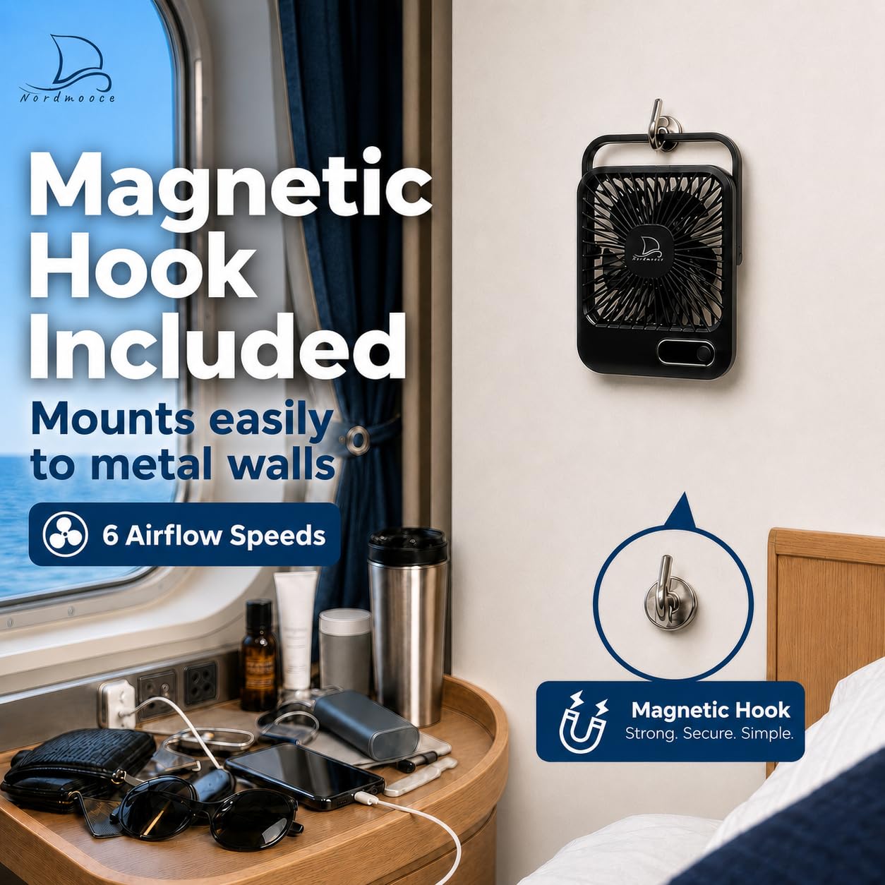 Nordmoose on cabin nightstand showing personal cooling benefit for staterooms