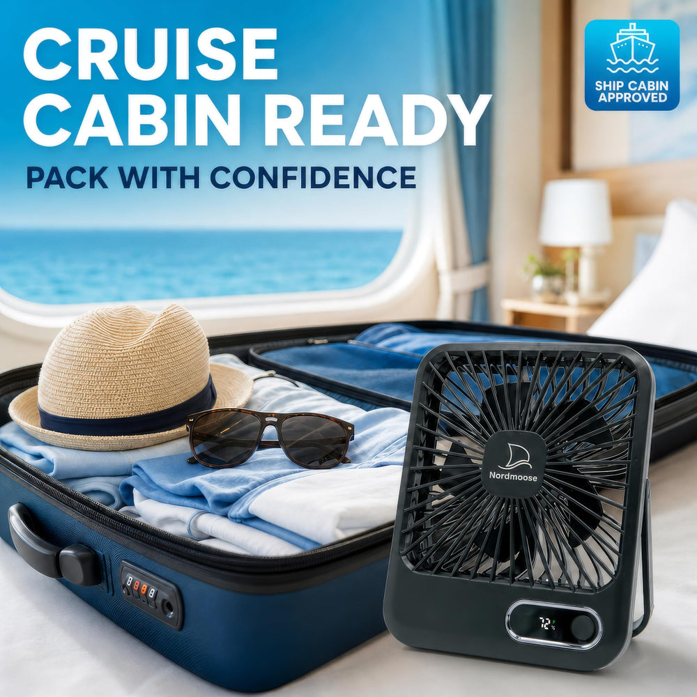 Nordmoose on cruise deck next to luggage showing portable use and convenience benefit