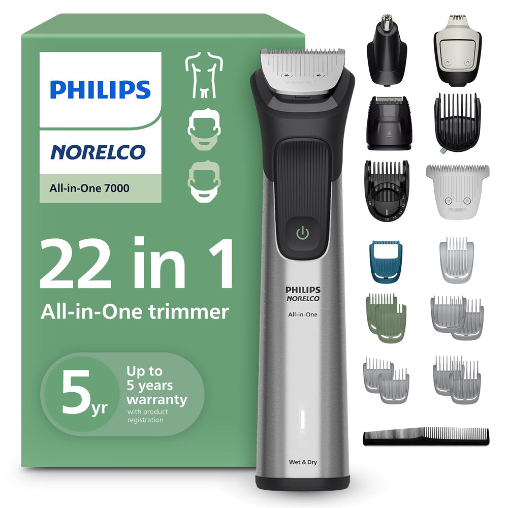 Norelco 7000 front view showing ergonomic stainless steel handle and grip for control