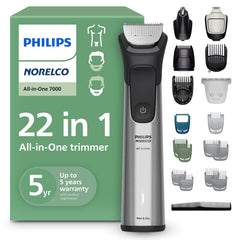 Norelco 7000 front view showing ergonomic stainless steel handle and grip for control