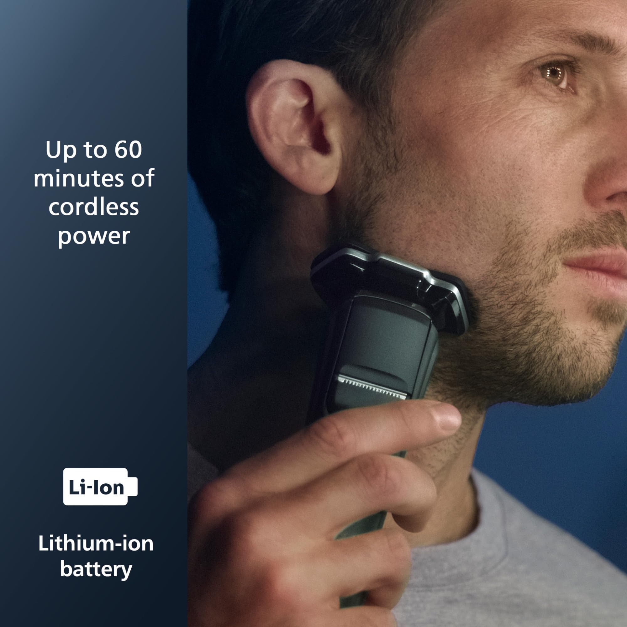 Philips Norelco 7800 blade edge macro showing SteelPrecision blades, ensuring close cutting