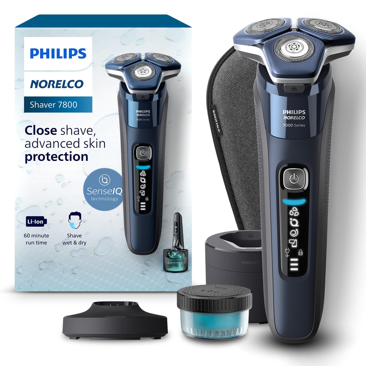 Philips Norelco 7800 front view showing sleek black body and controls, for confident grooming