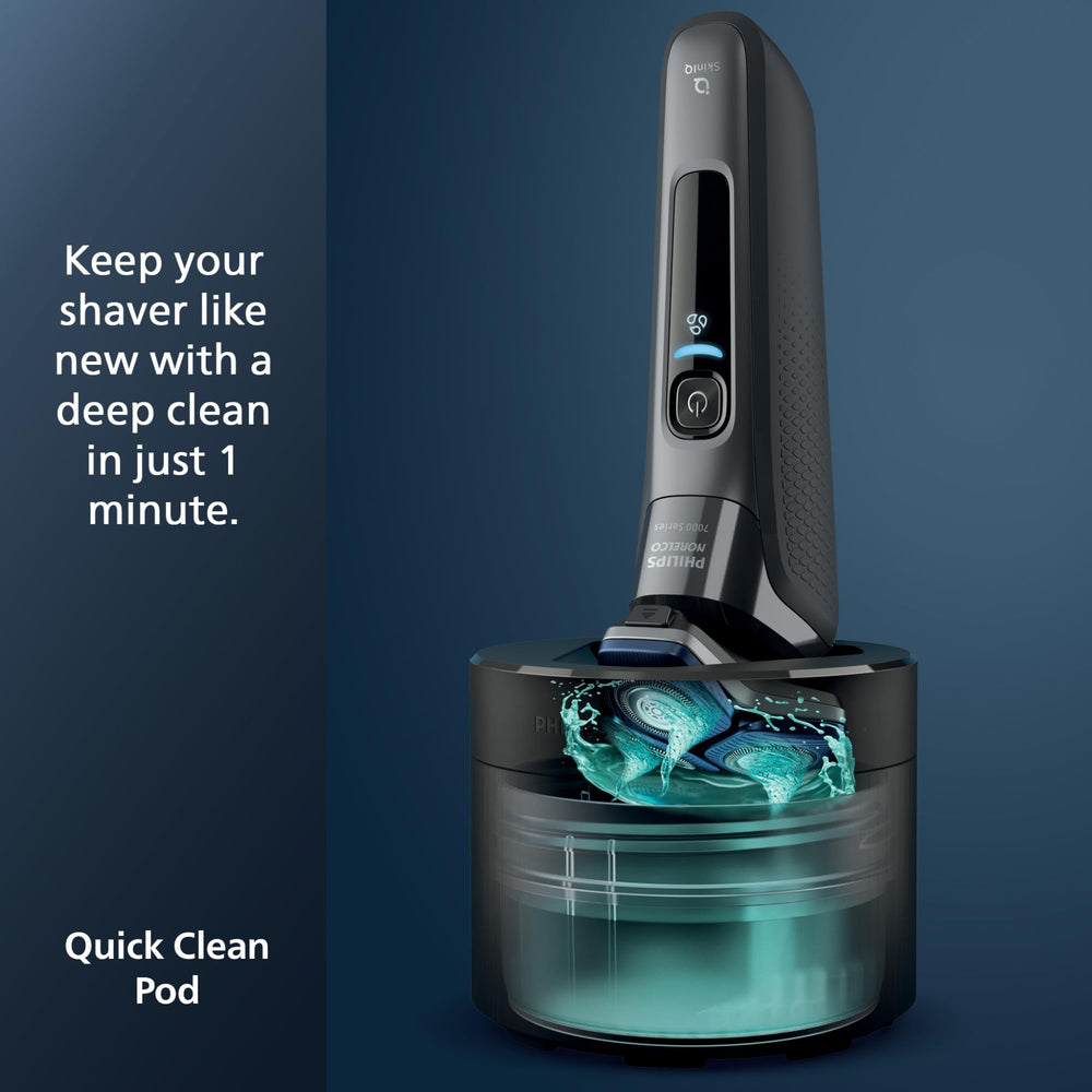 Philips Norelco 7800 on bathroom counter next to grooming kit, fitting modern routines