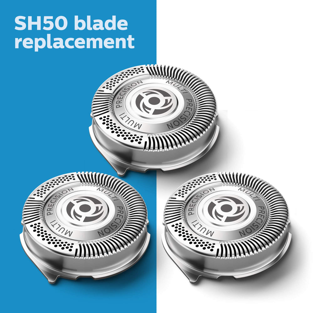 Norelco close-up of MultiPrecision blades highlighting sharp Swedish-steel edges for consistent cuts