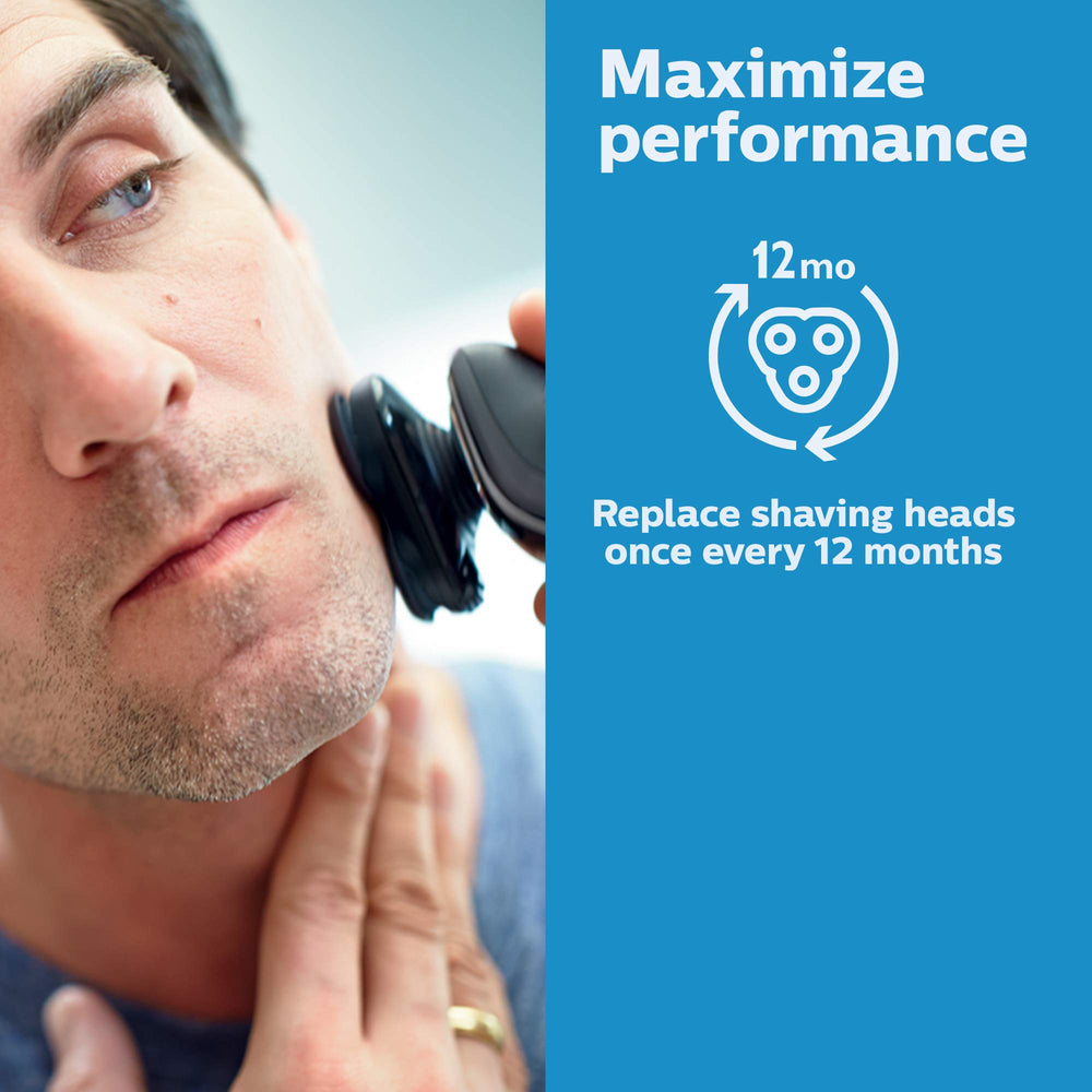 Norelco heads mounted on shaver in use demonstrating smooth shave performance and reduced tugging