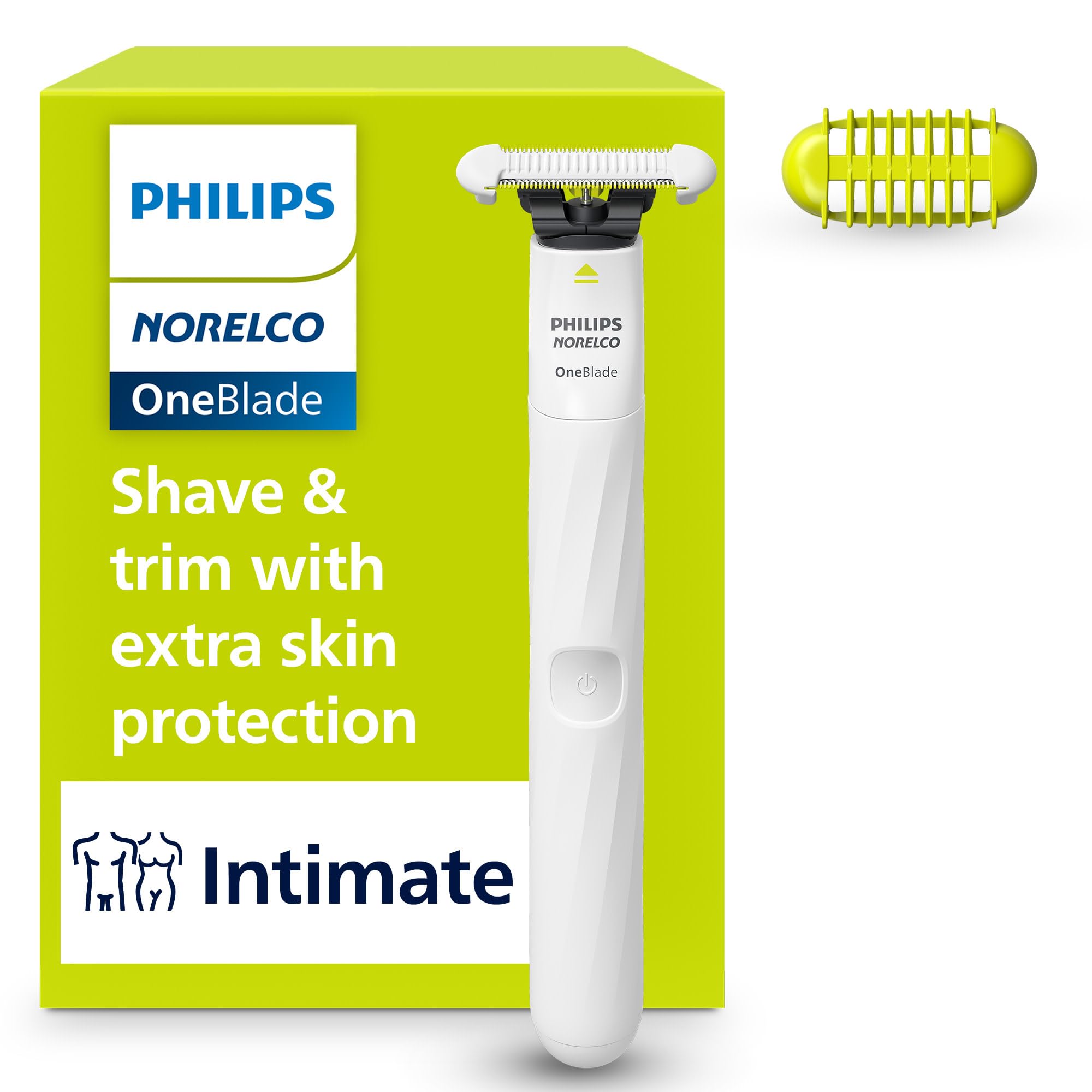 Philips Norelco OneBlade Intimate front view showing compact design and easy grip benefit