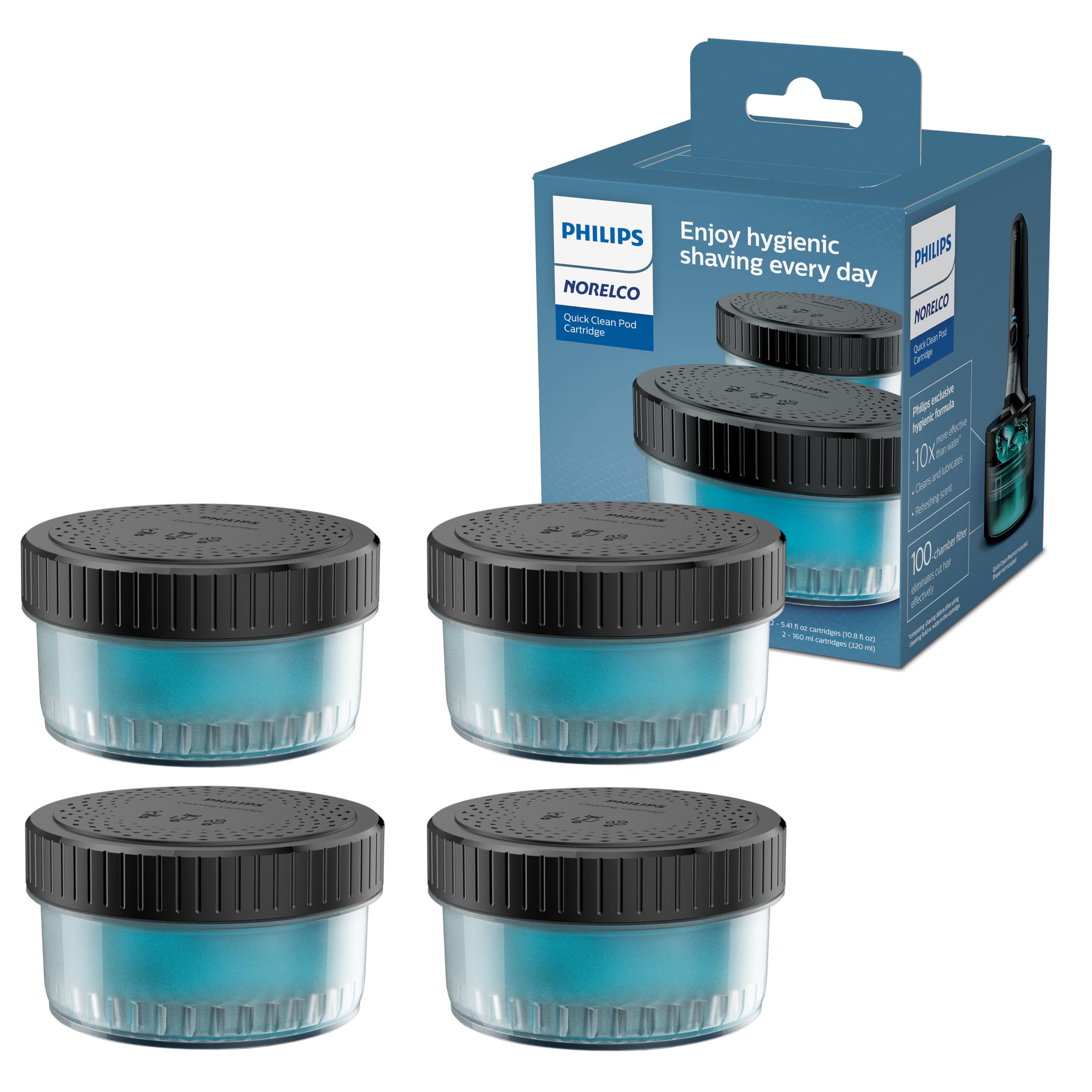 Norelco front packaging showing the four-pack and benefits