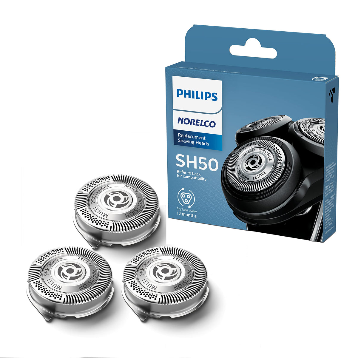 Norelco front packaging showing three genuine replacement heads and clear product info benefit clarity