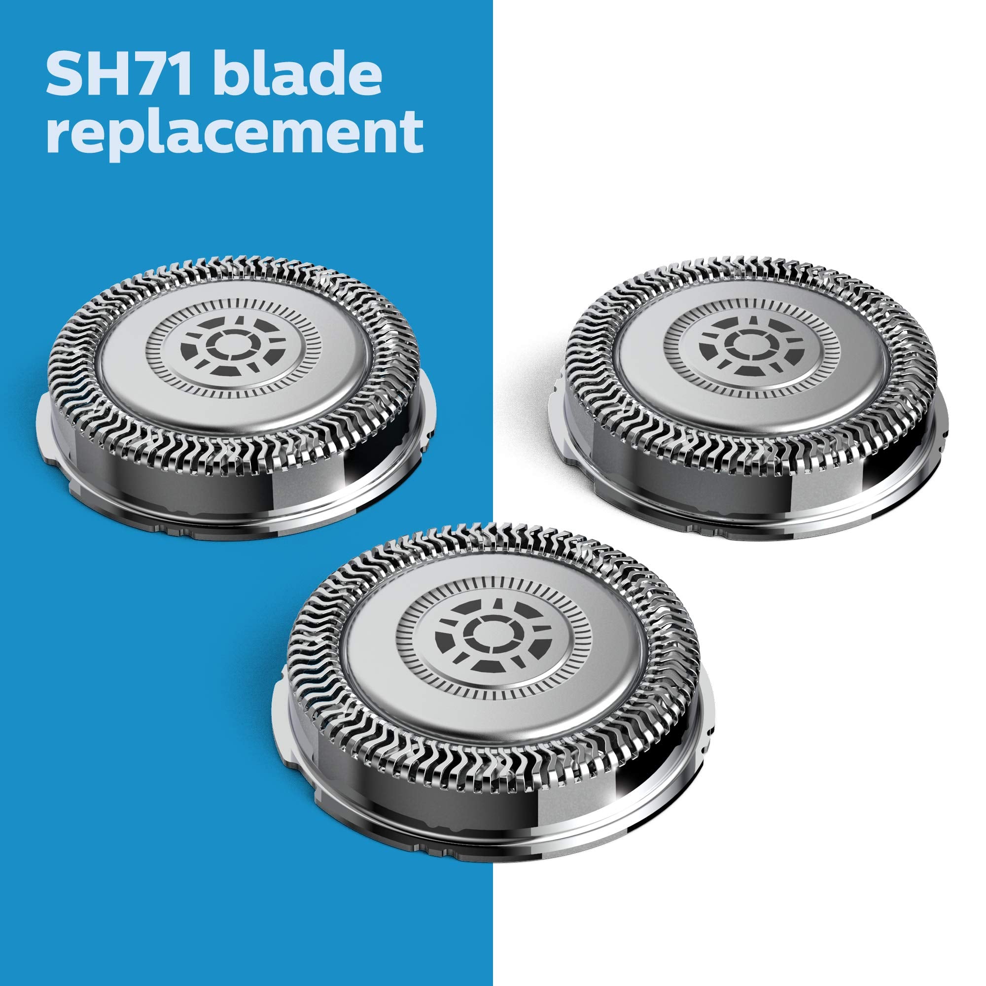 Norelco close-up of SH71 blade cluster highlighting SteelPrecision blades for smoother shaves