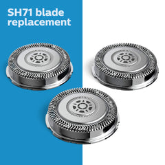 Norelco close-up of SH71 blade cluster highlighting SteelPrecision blades for smoother shaves