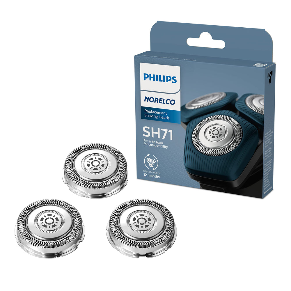 Norelco SH71 front packaging showing three replacement heads and model compatibility benefit