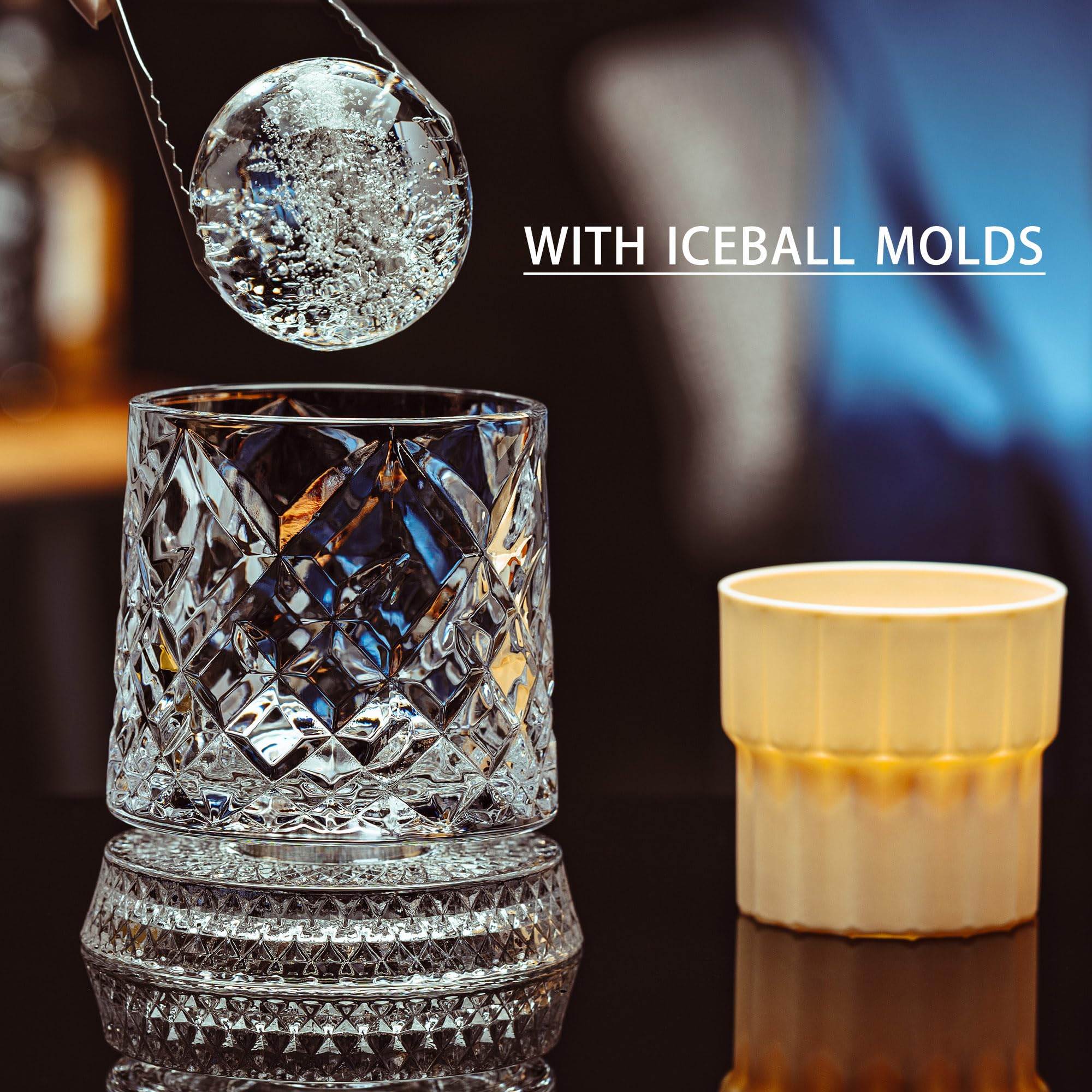 NORIMODA glass in use with ice sphere demonstrating slow-melt chilling benefit