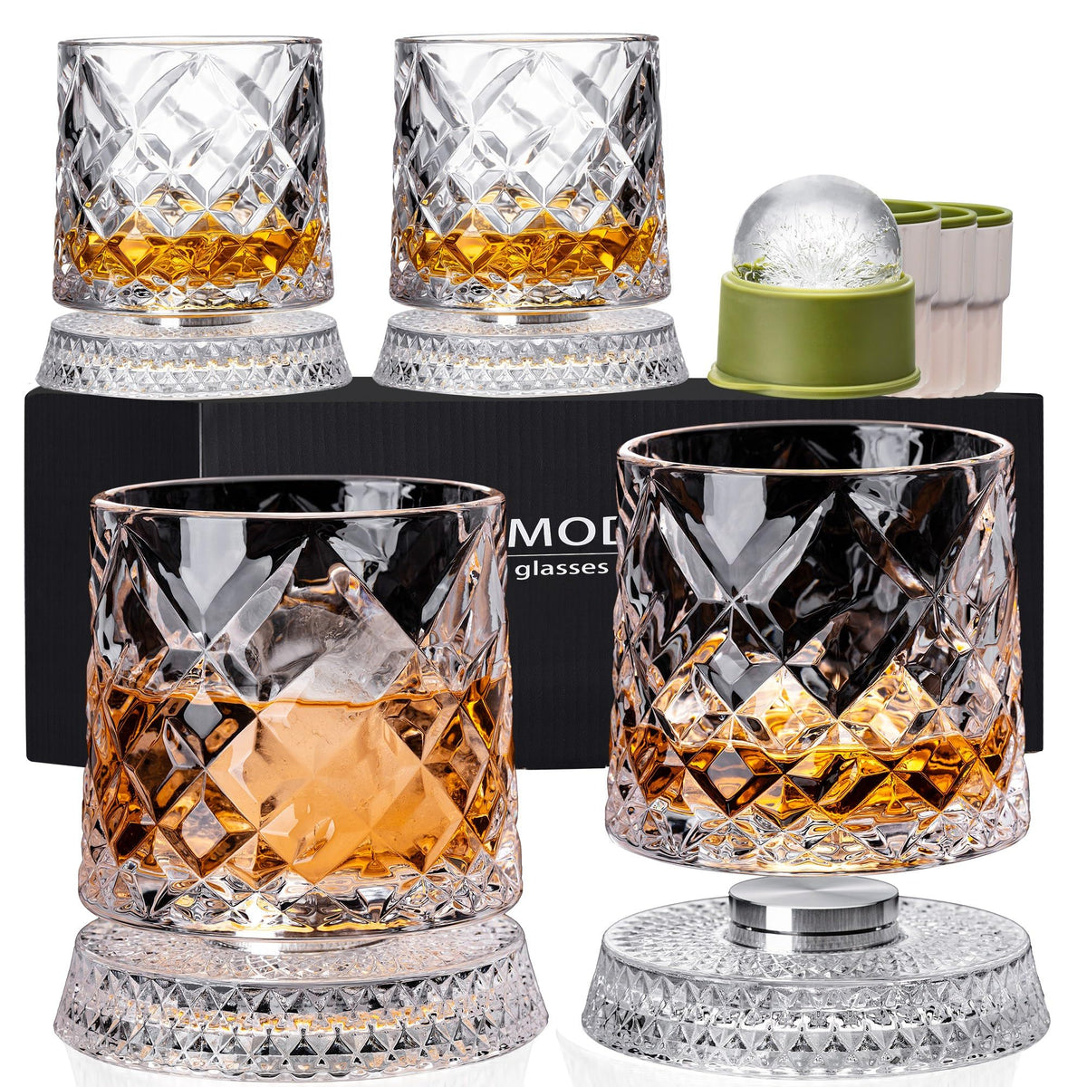 NORIMODA front packaging showing complete four-glass set and bases - elegant gift