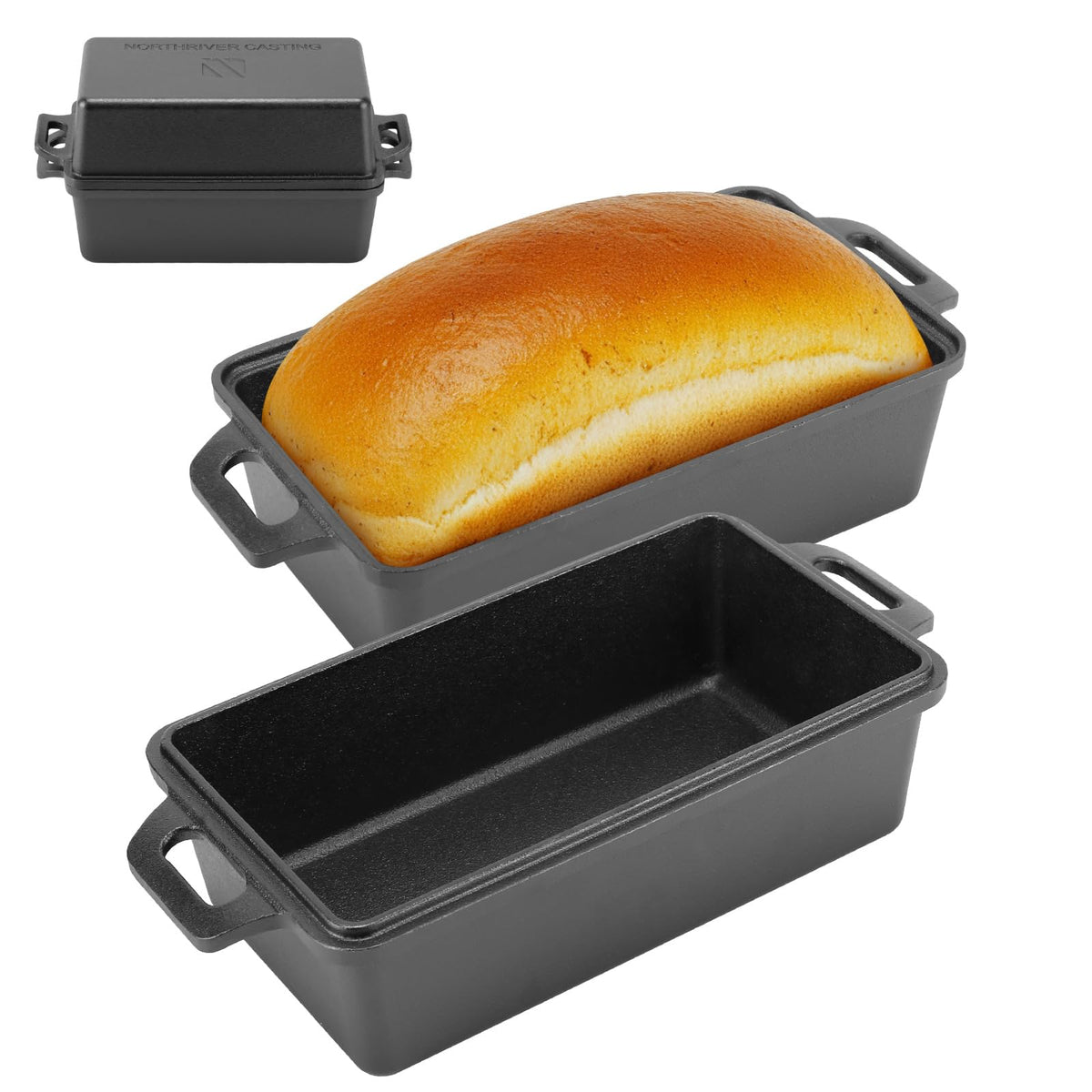 Northriver Casting front view of 9x5 loaf pan showing sturdy cast iron build and even heat benefit