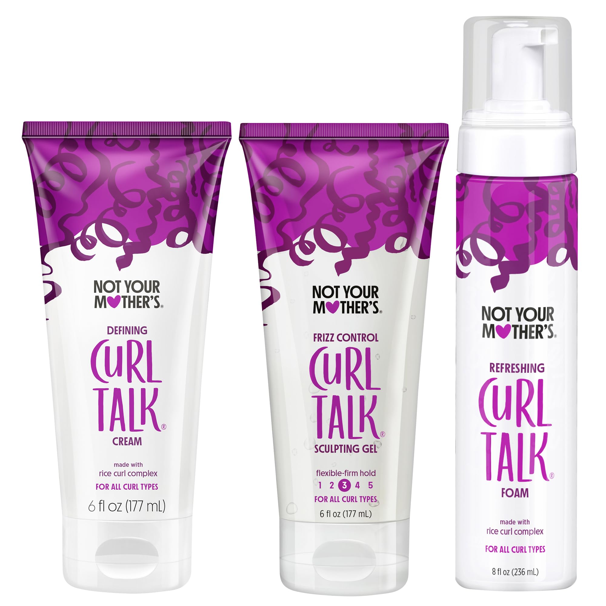 Not Your Mother's front packaging trio showing the three curl products and organized benefit