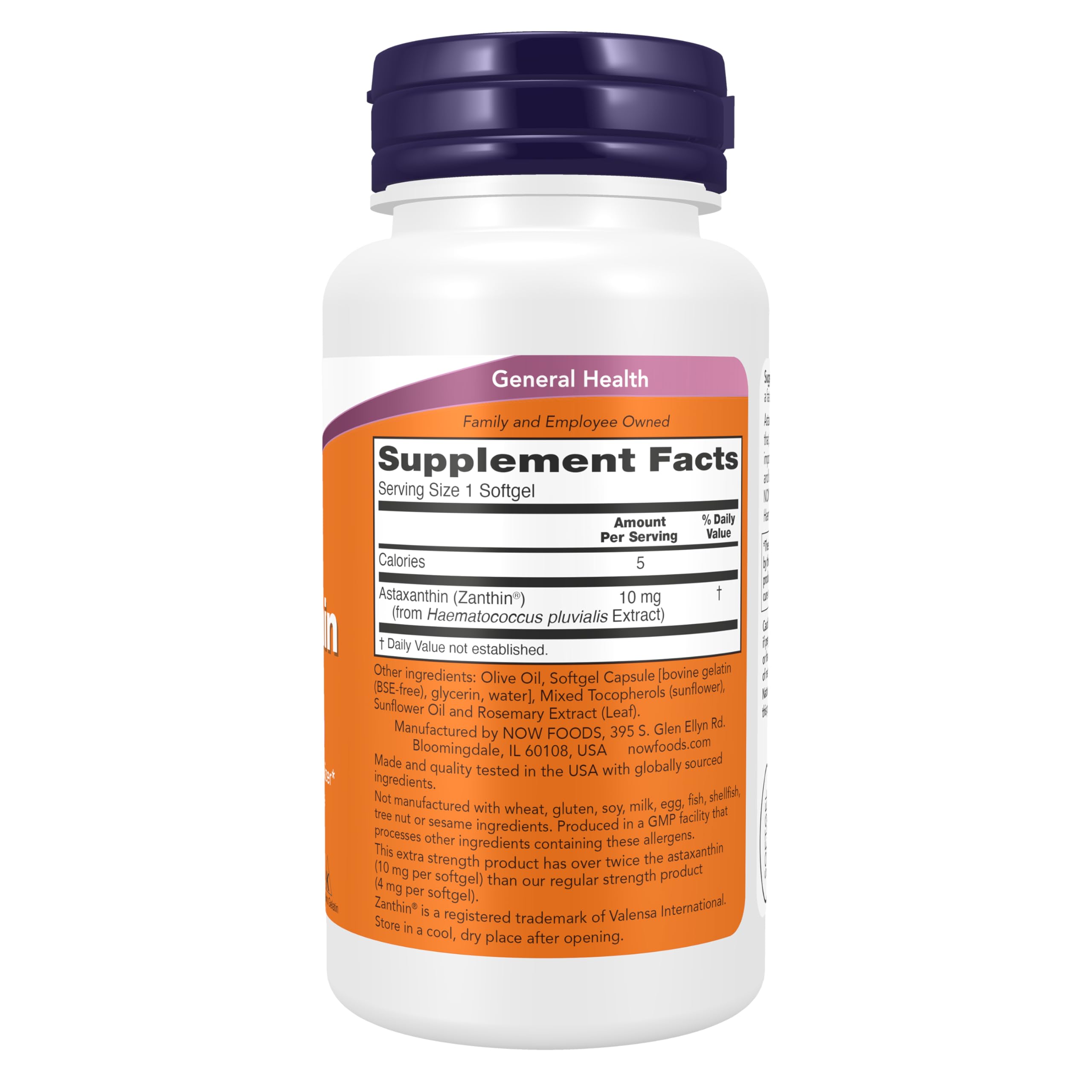 NOW Astaxanthin softgel close-up highlighting smooth texture and potency