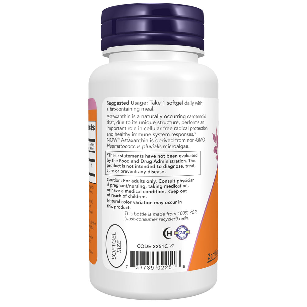 NOW Astaxanthin softgels held in palm demonstrating easy single-dose size