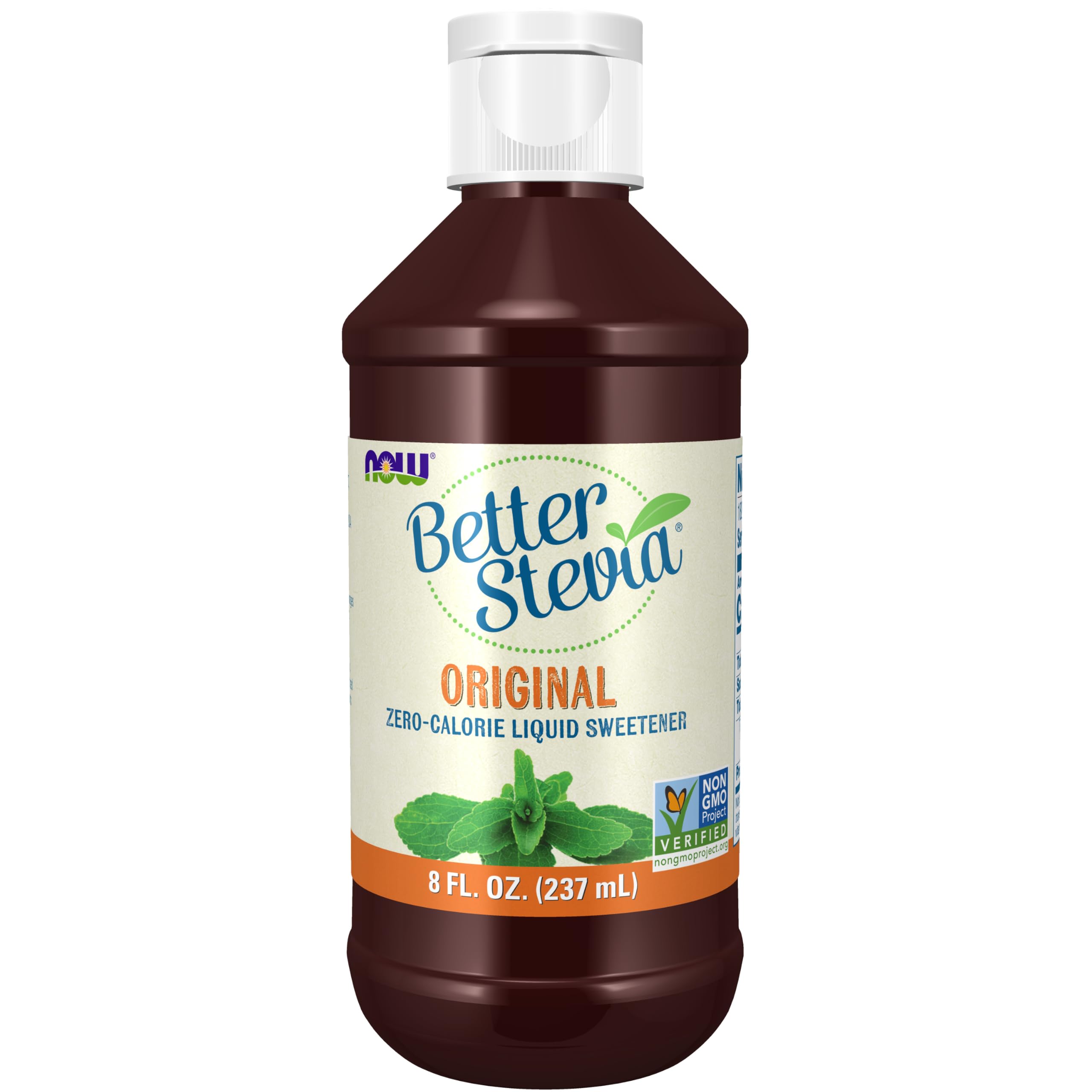 NOW BetterStevia clear bottle front view showing label and size, convenient use