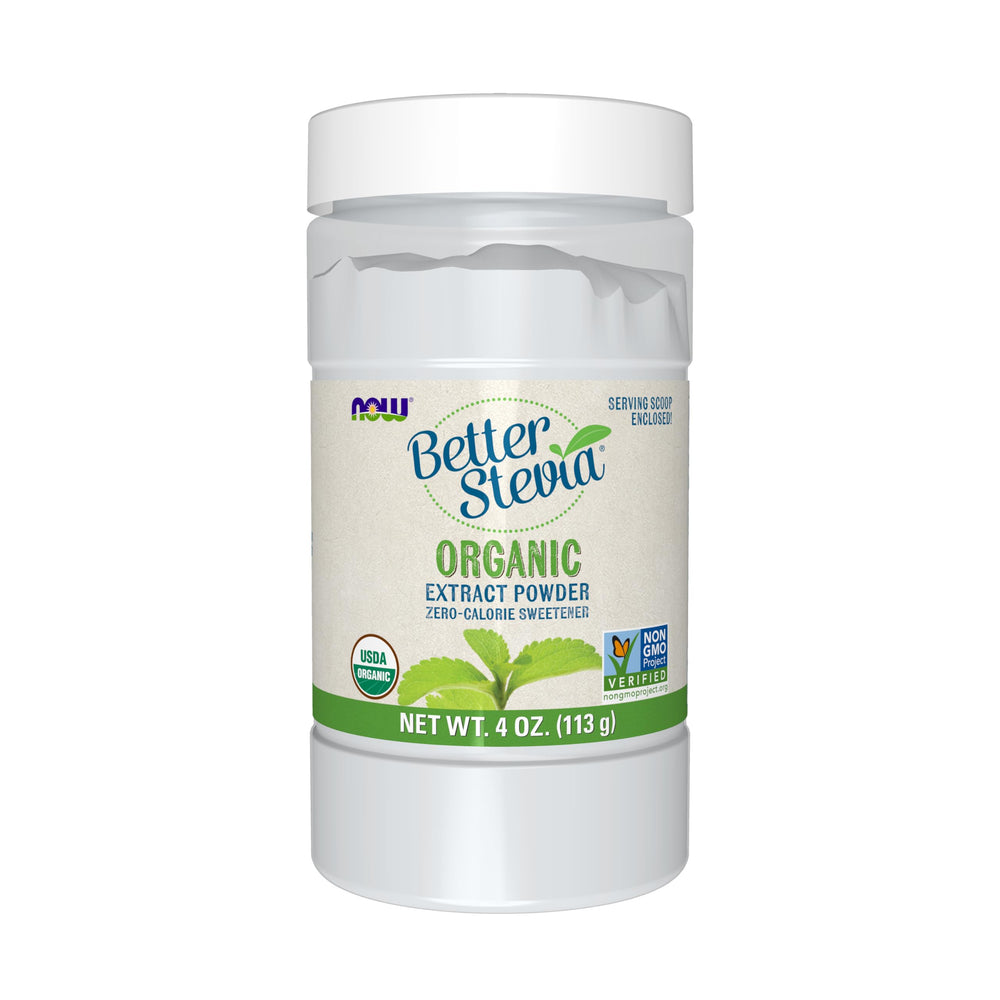 NOW BetterStevia front label showing organic certification and benefits