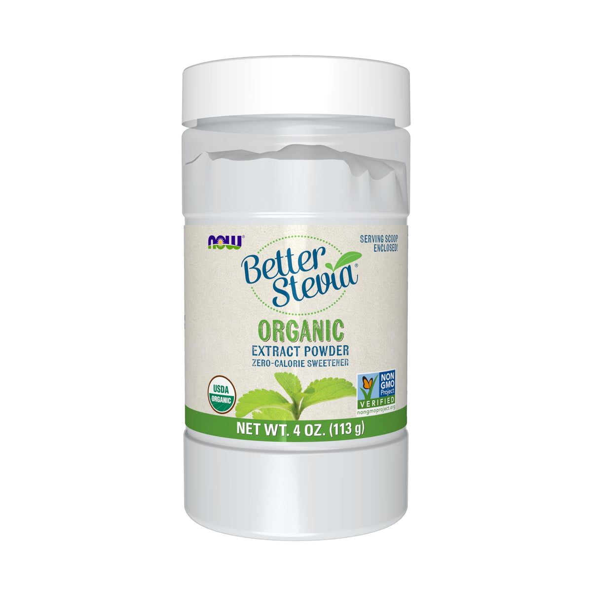 NOW BetterStevia front label showing organic certification and benefits